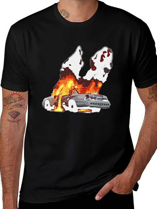 Burning Car Graphic Tee - Black Cotton T-Shirt