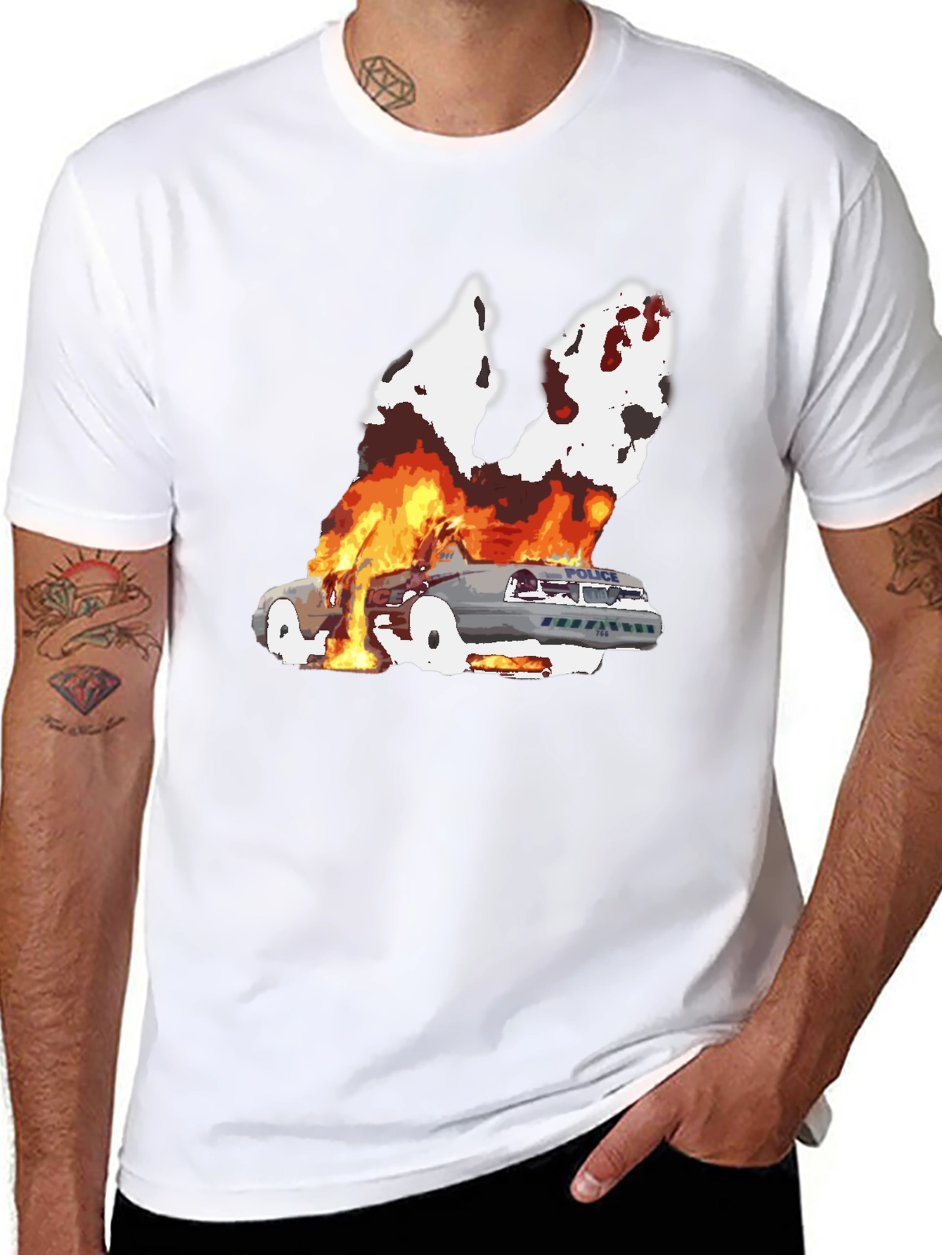 Burning Car Graphic Tee - Black Cotton T-Shirt