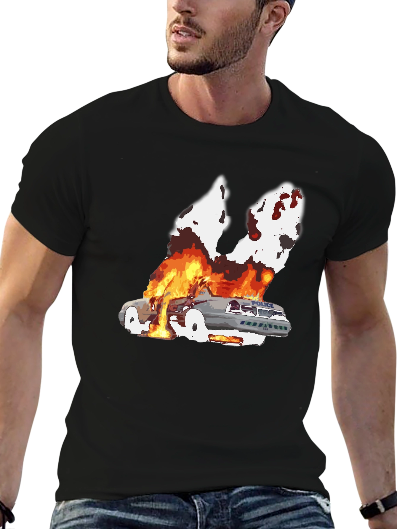 Burning Car Graphic Tee - Black Cotton T-Shirt