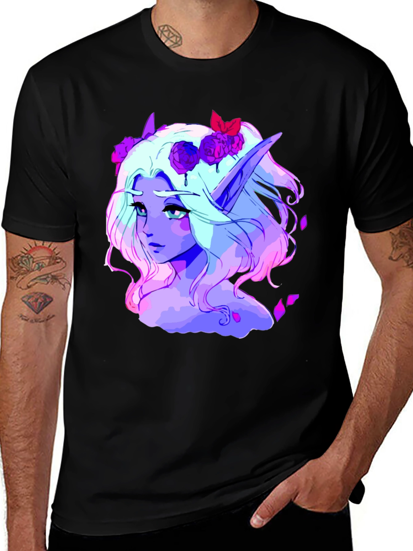 Elf Portrait Graphic Tee - Black Cotton Shirt