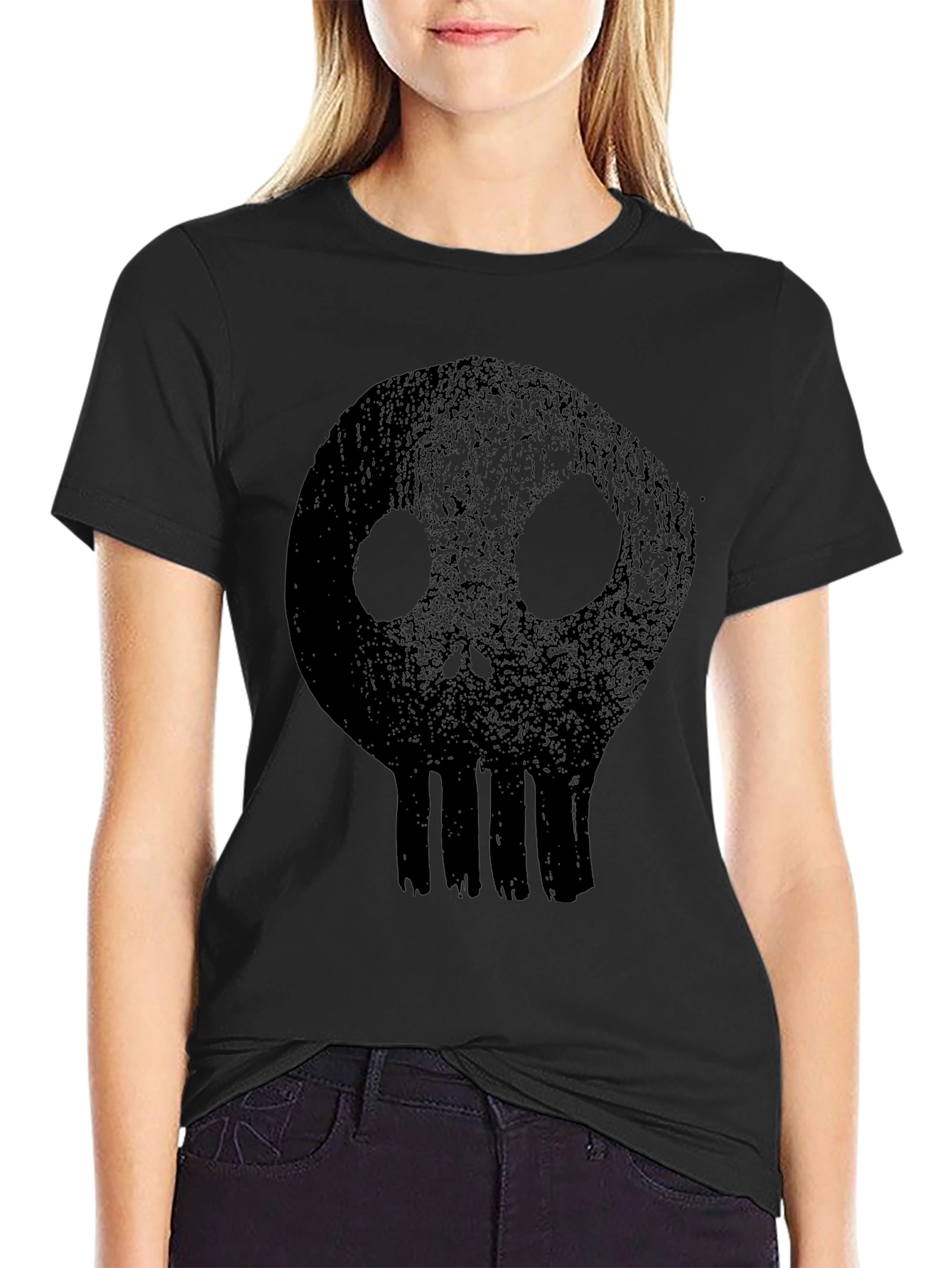 Mens Black T-Shirt with Distressed Skull Graphic