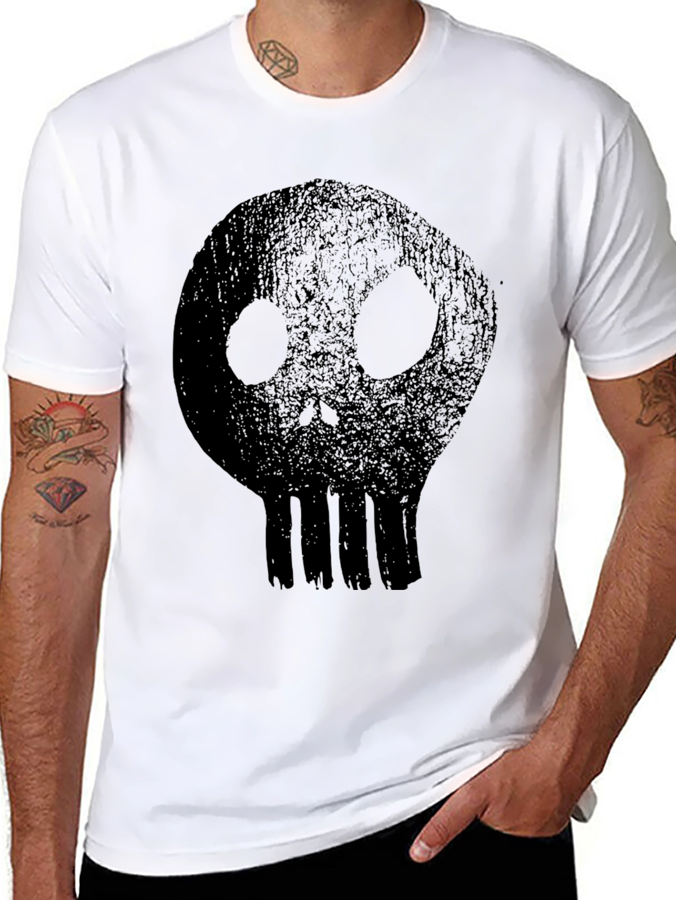 Mens Black T-Shirt with Distressed Skull Graphic