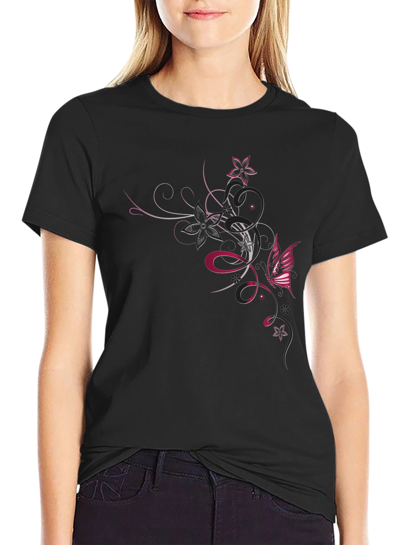 Black T-Shirt with Floral Butterfly Design