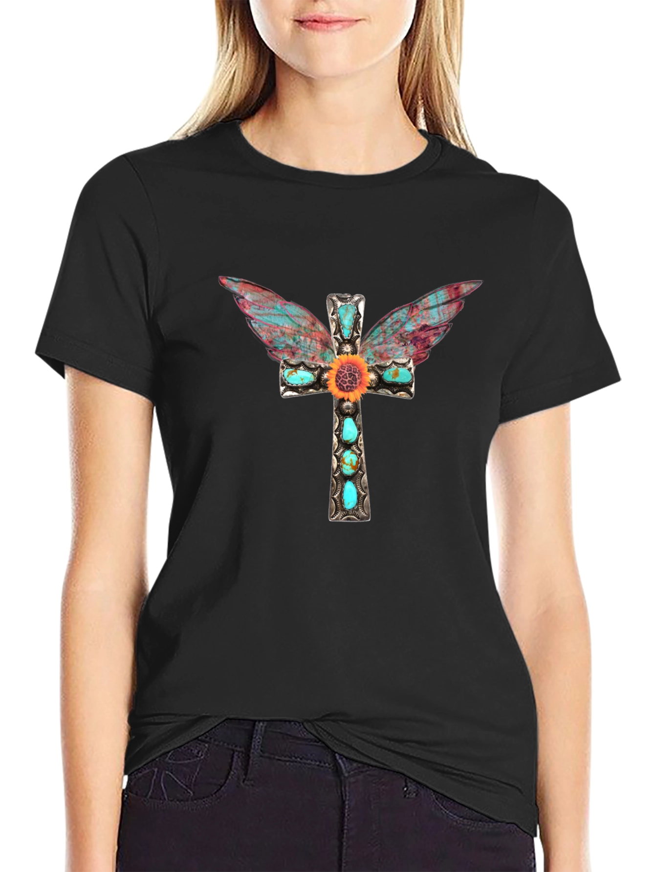 Cross Wings Graphic Tee - Black Cotton Blend Shirt
