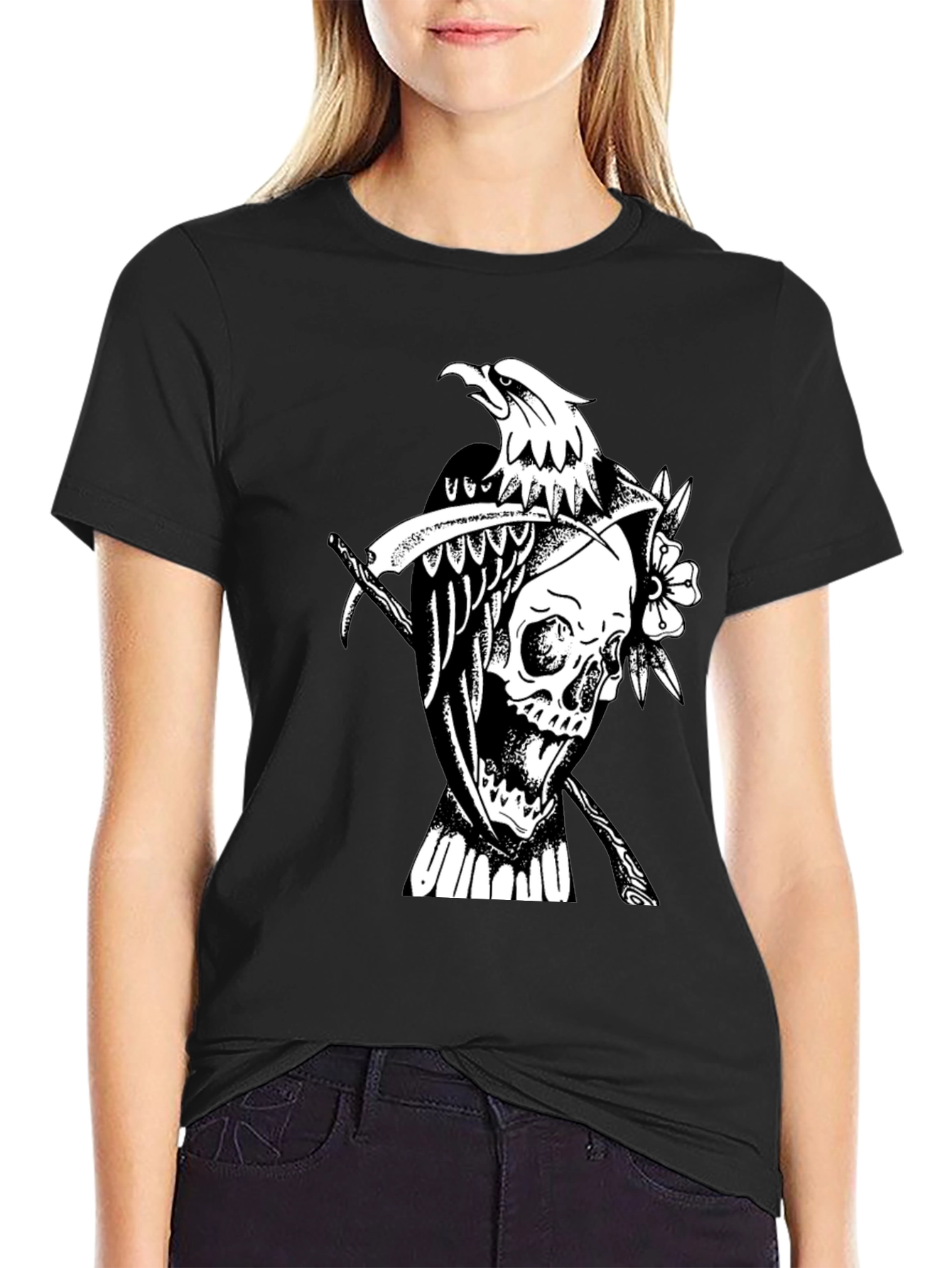 Grim Reaper Eagle Graphic Tee - Black Cotton T-Shirt