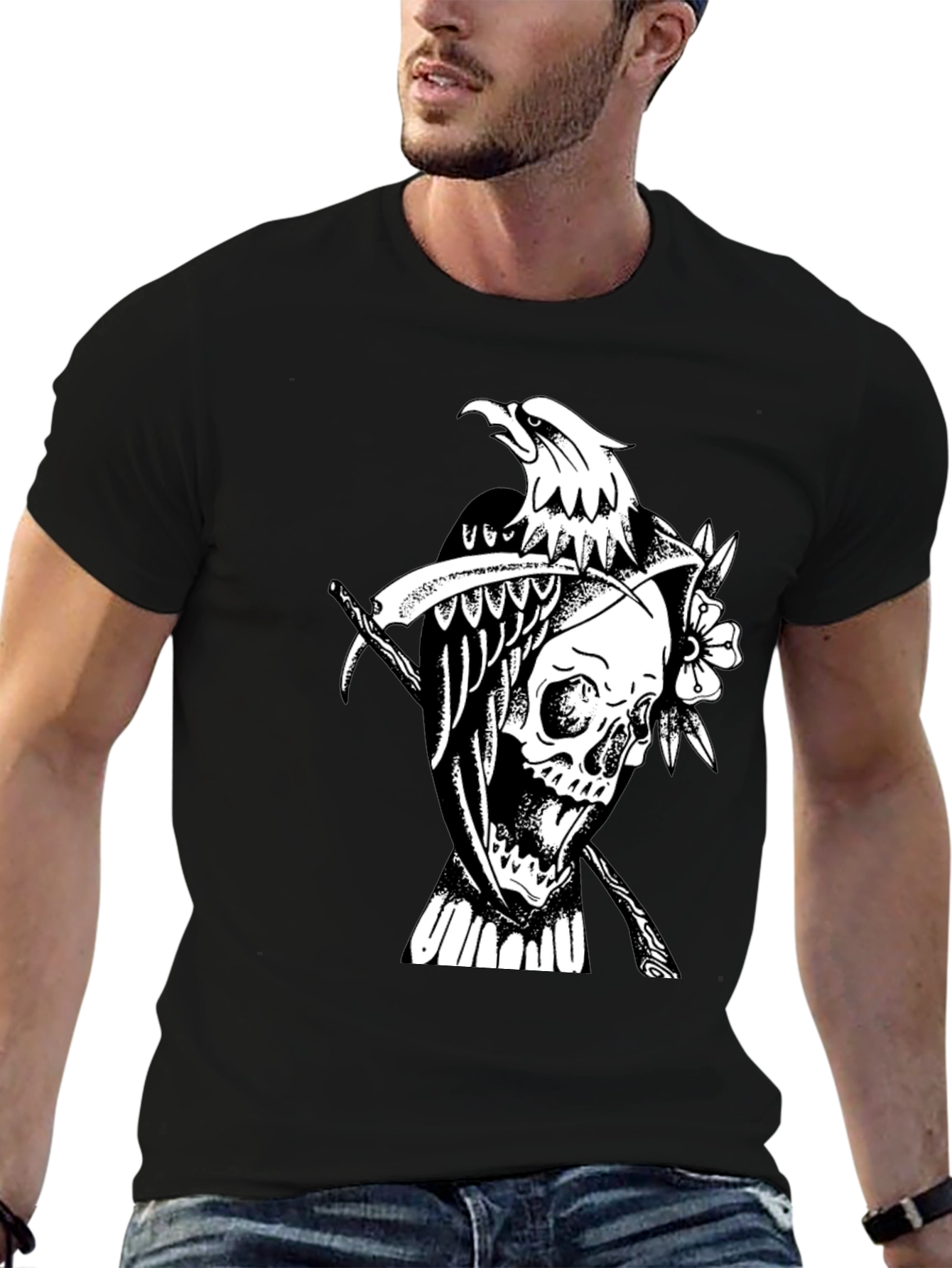 Grim Reaper Eagle Graphic Tee - Black Cotton T-Shirt