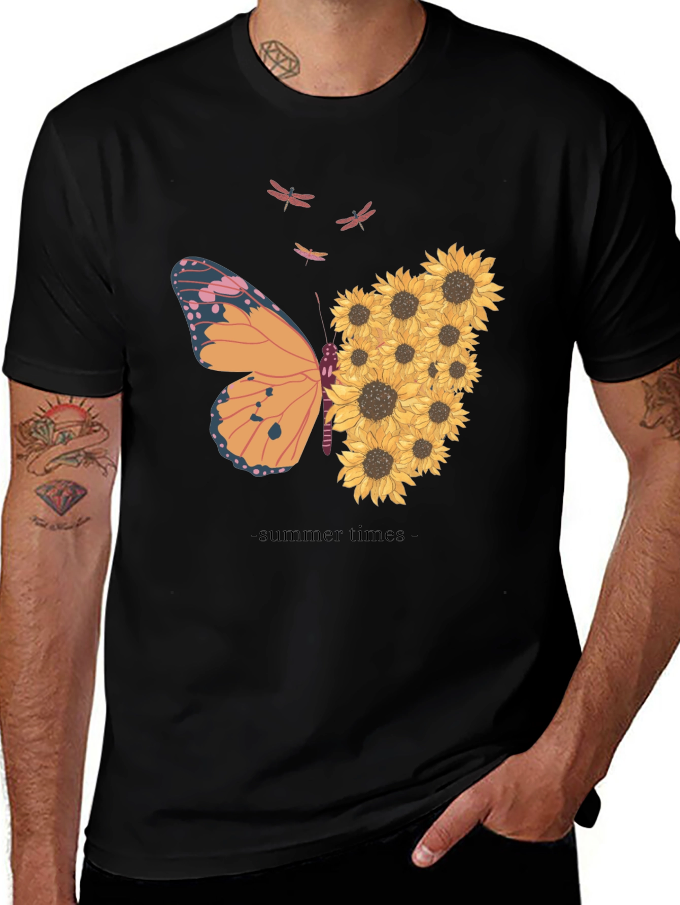 Summer Butterfly Sunflower Graphic T-Shirt