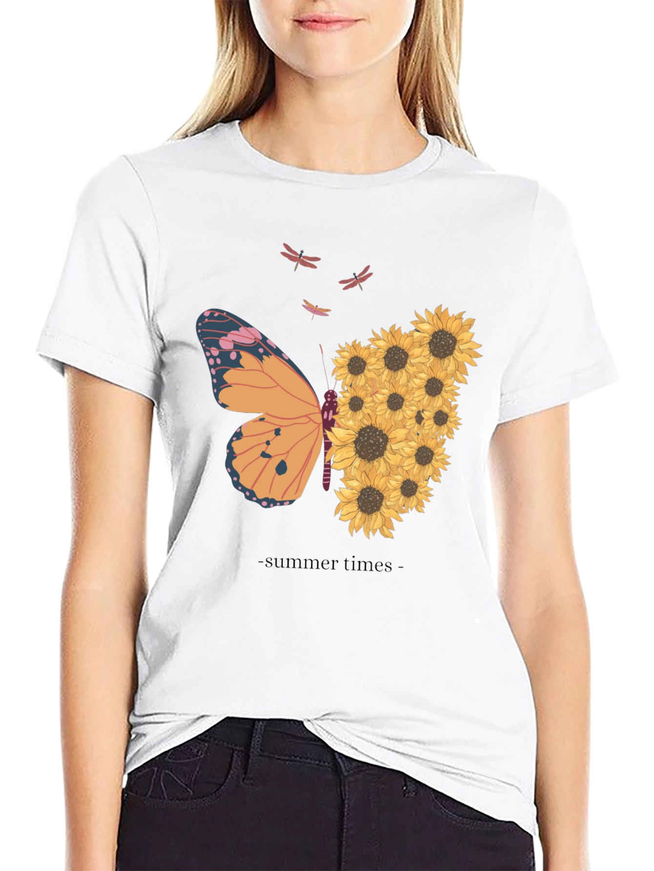 Summer Butterfly Sunflower Graphic T-Shirt