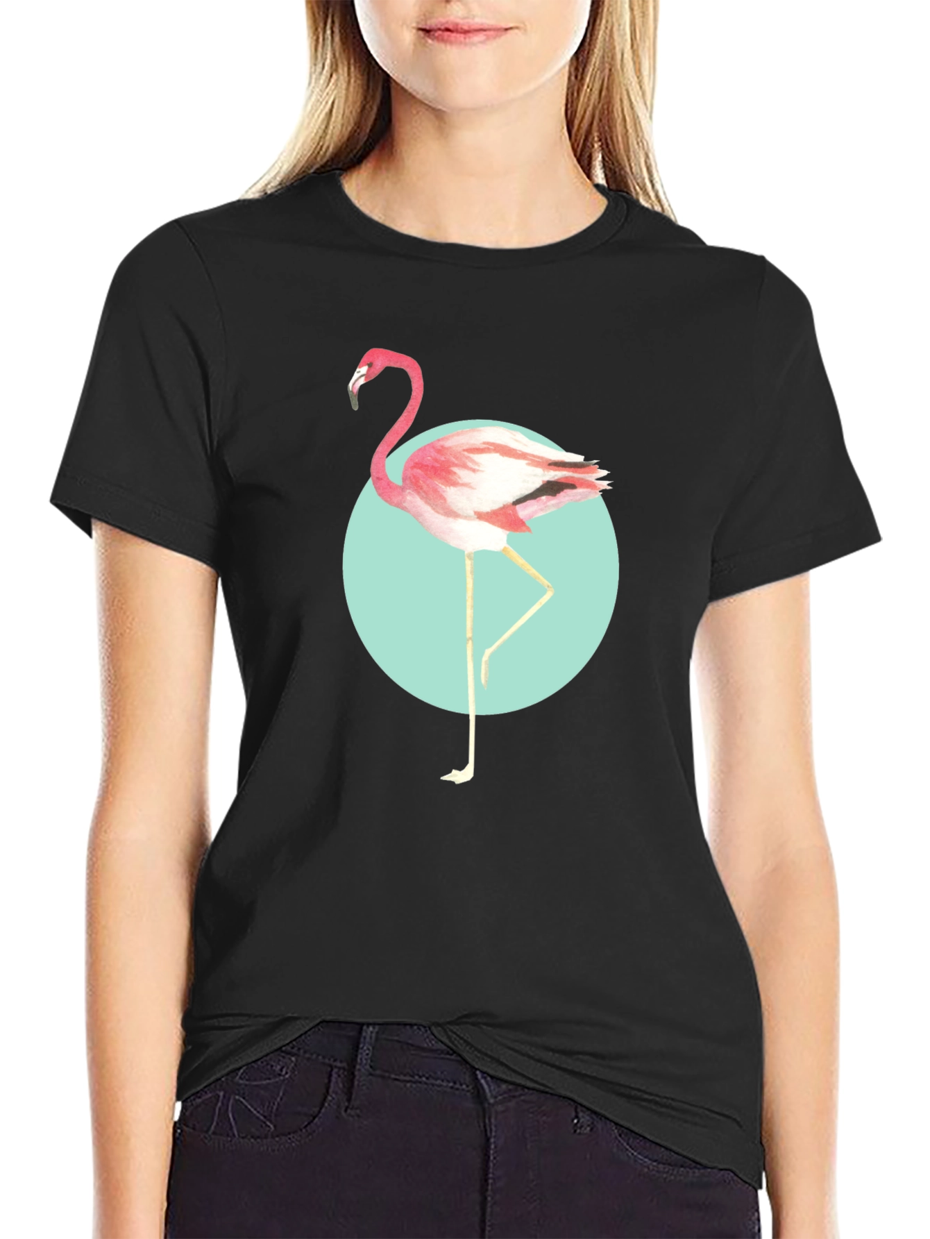 Trendy Flamingo Graphic Tee - Soft Black Cotton T-Shirt