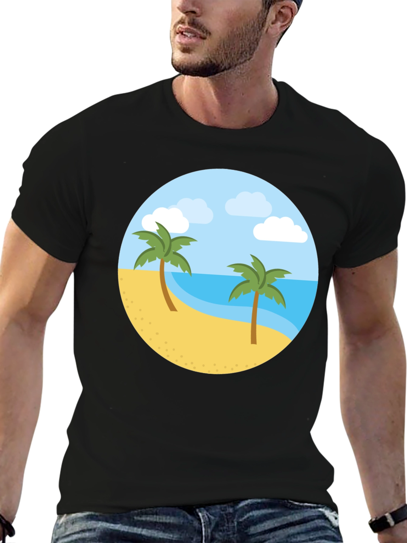 Tropical Island Graphic Tee - Black Cotton T-Shirt