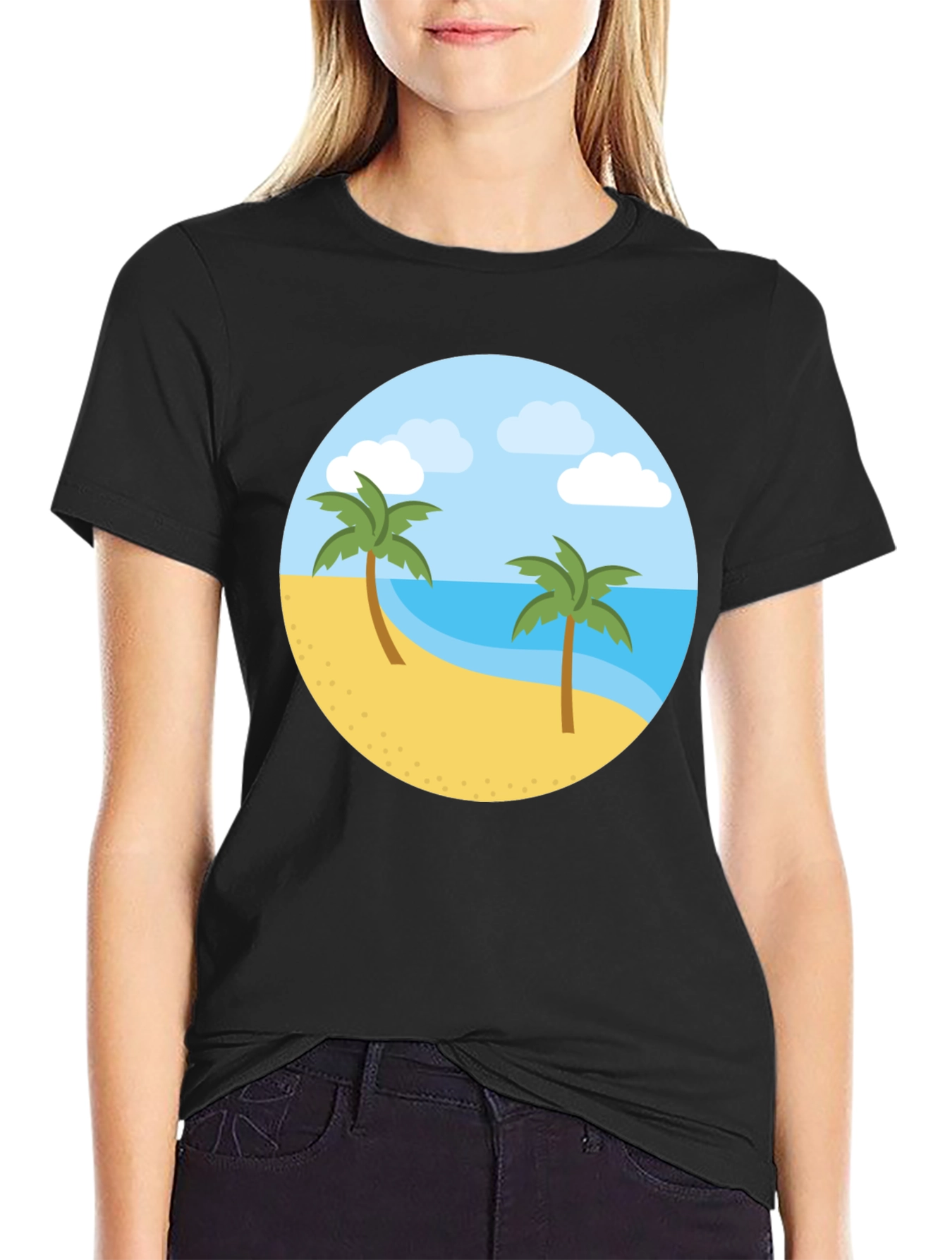 Tropical Island Graphic Tee - Black Cotton T-Shirt