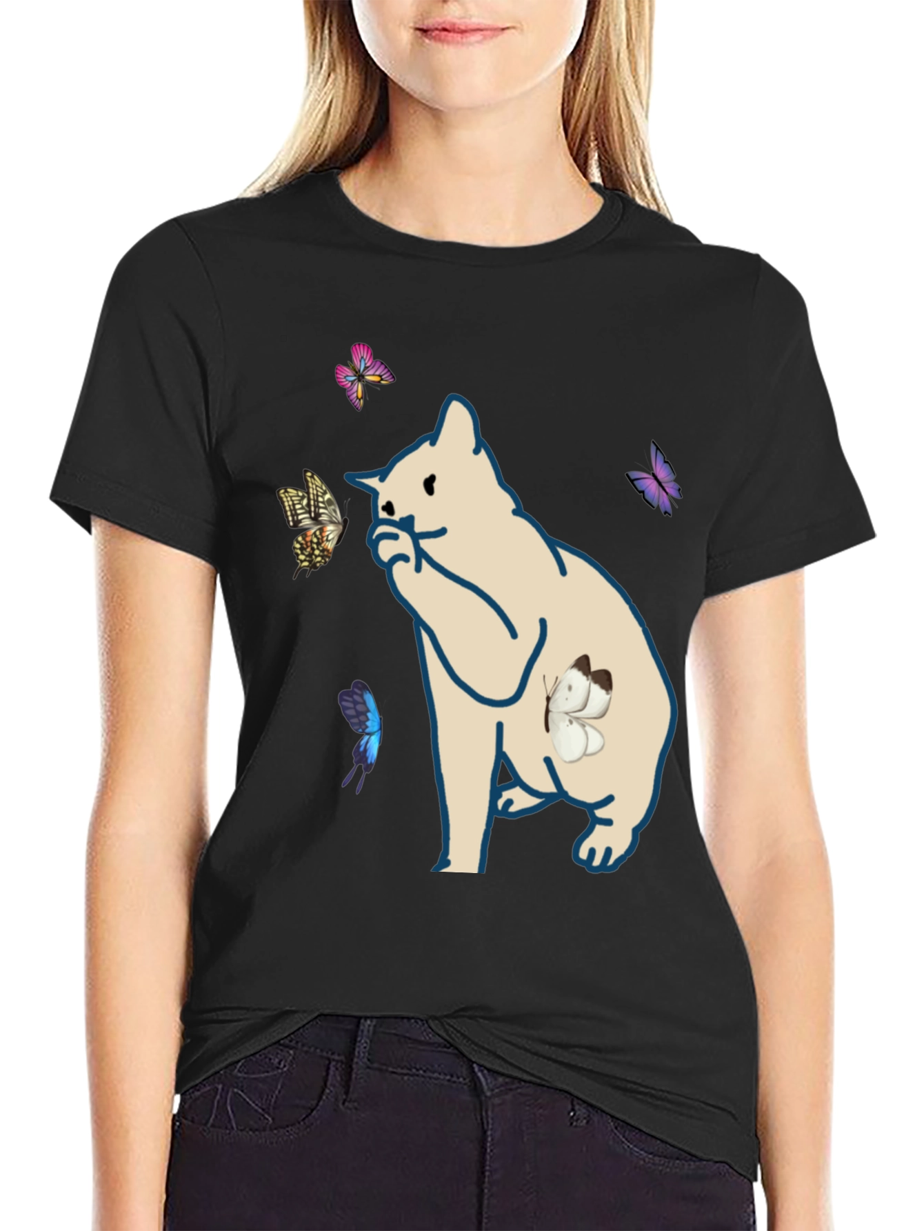 Butterfly Cat Black T-Shirt