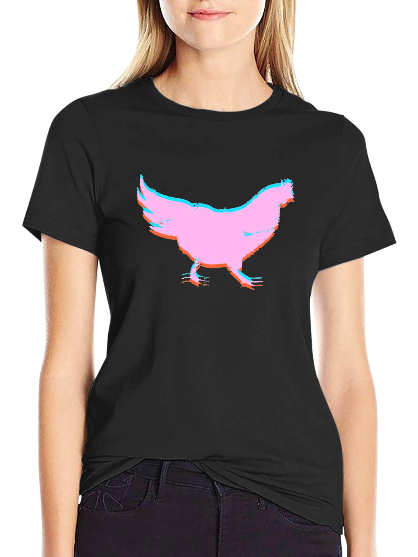 Pink Chicken Graphic Black T-Shirt
