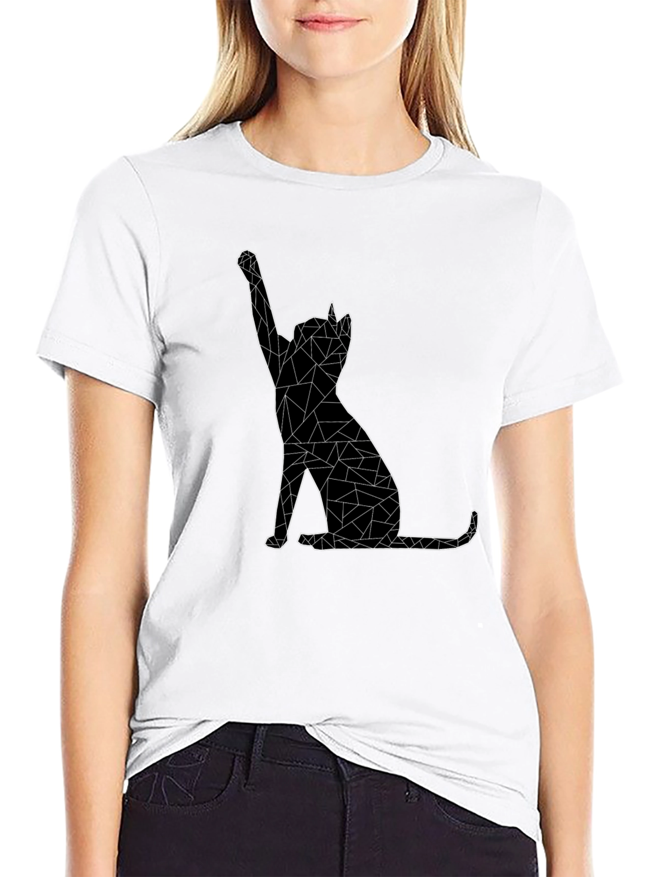 Geometric Cat Graphic Tee - Black Cotton Casual T-Shirt