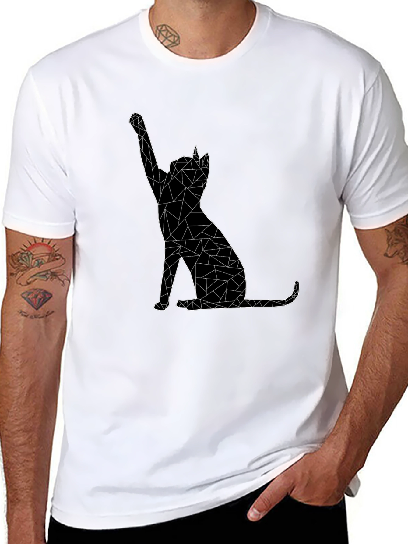 Geometric Cat Graphic Tee - Black Cotton Casual T-Shirt