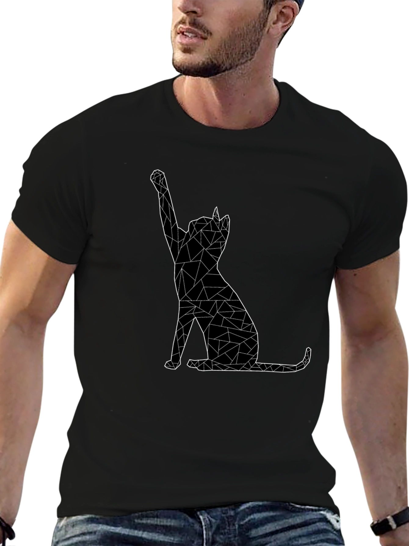 Geometric Cat Graphic Tee - Black Cotton Casual T-Shirt