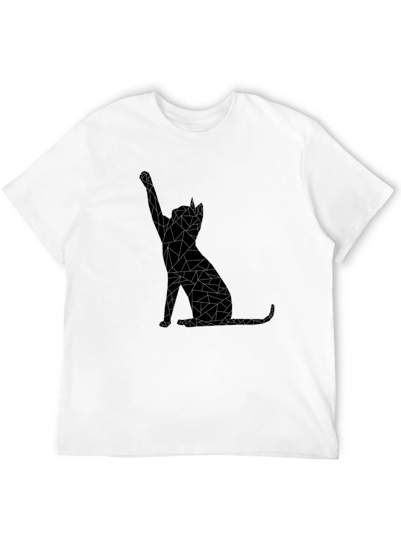 Geometric Cat Graphic Tee - Black Cotton Casual T-Shirt