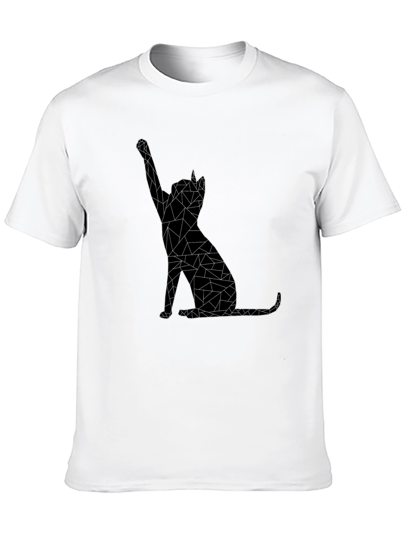 Geometric Cat Graphic Tee - Black Cotton Casual T-Shirt
