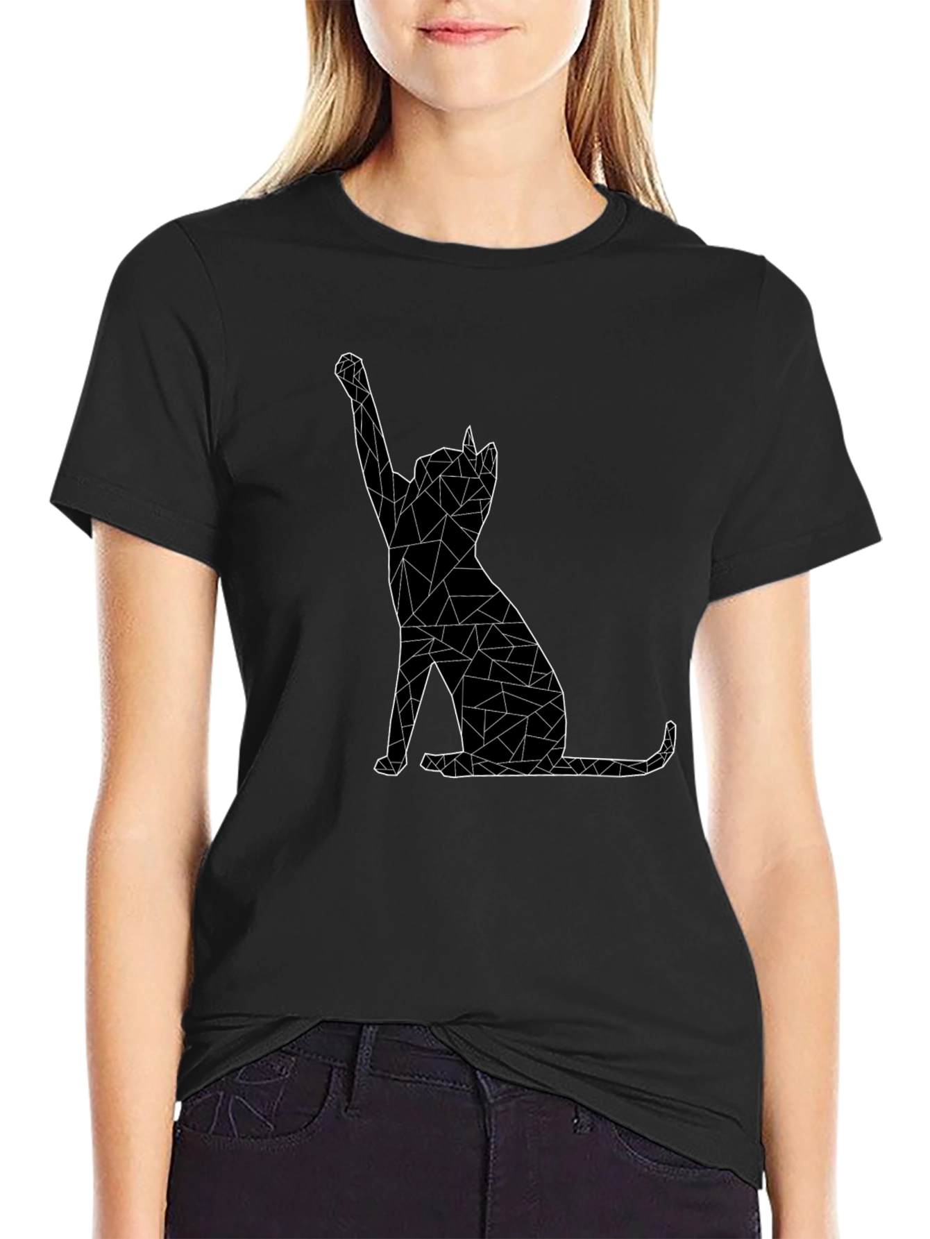 Geometric Cat Graphic Tee - Black Cotton Casual T-Shirt