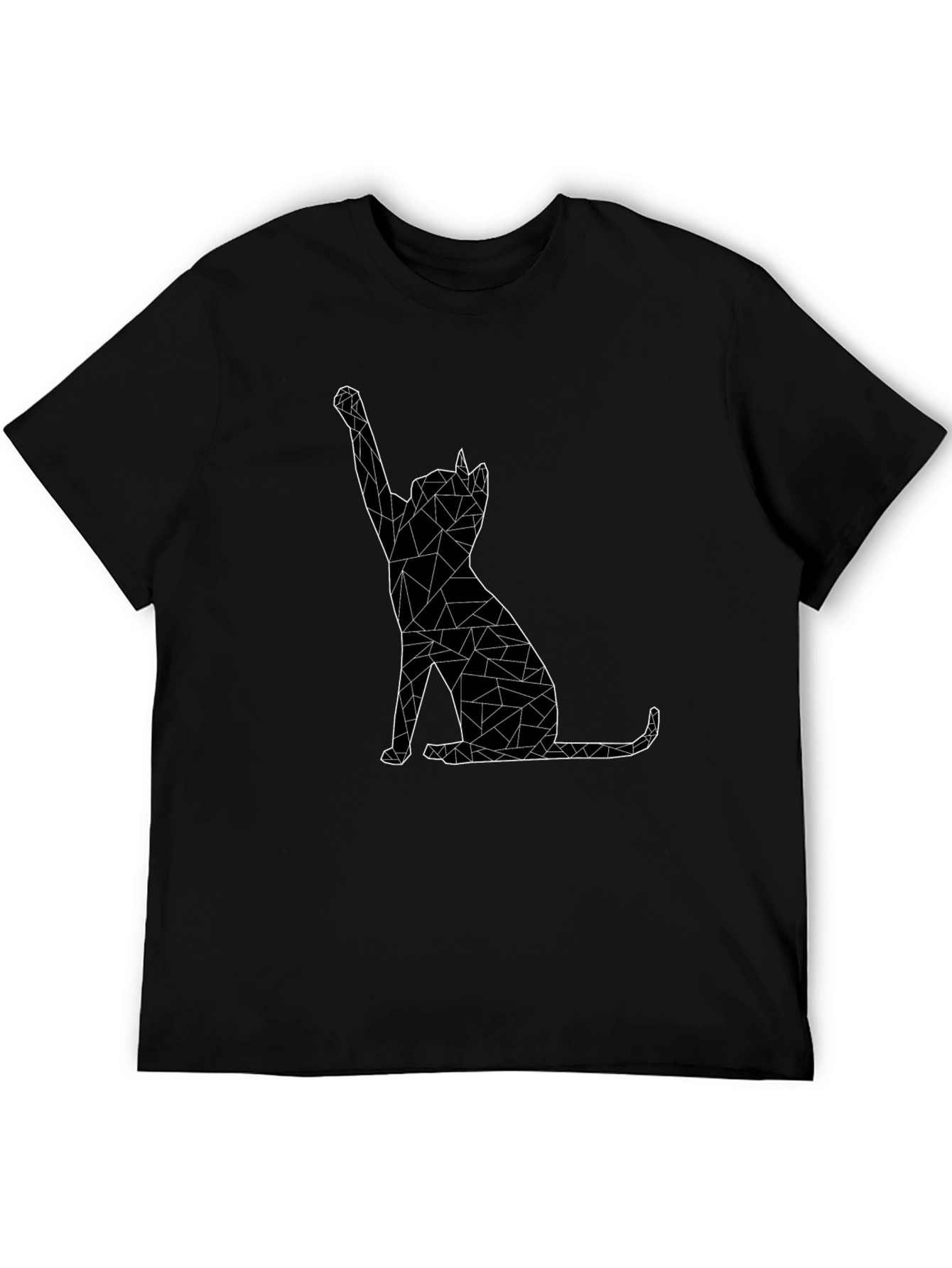 Geometric Cat Graphic Tee - Black Cotton Casual T-Shirt