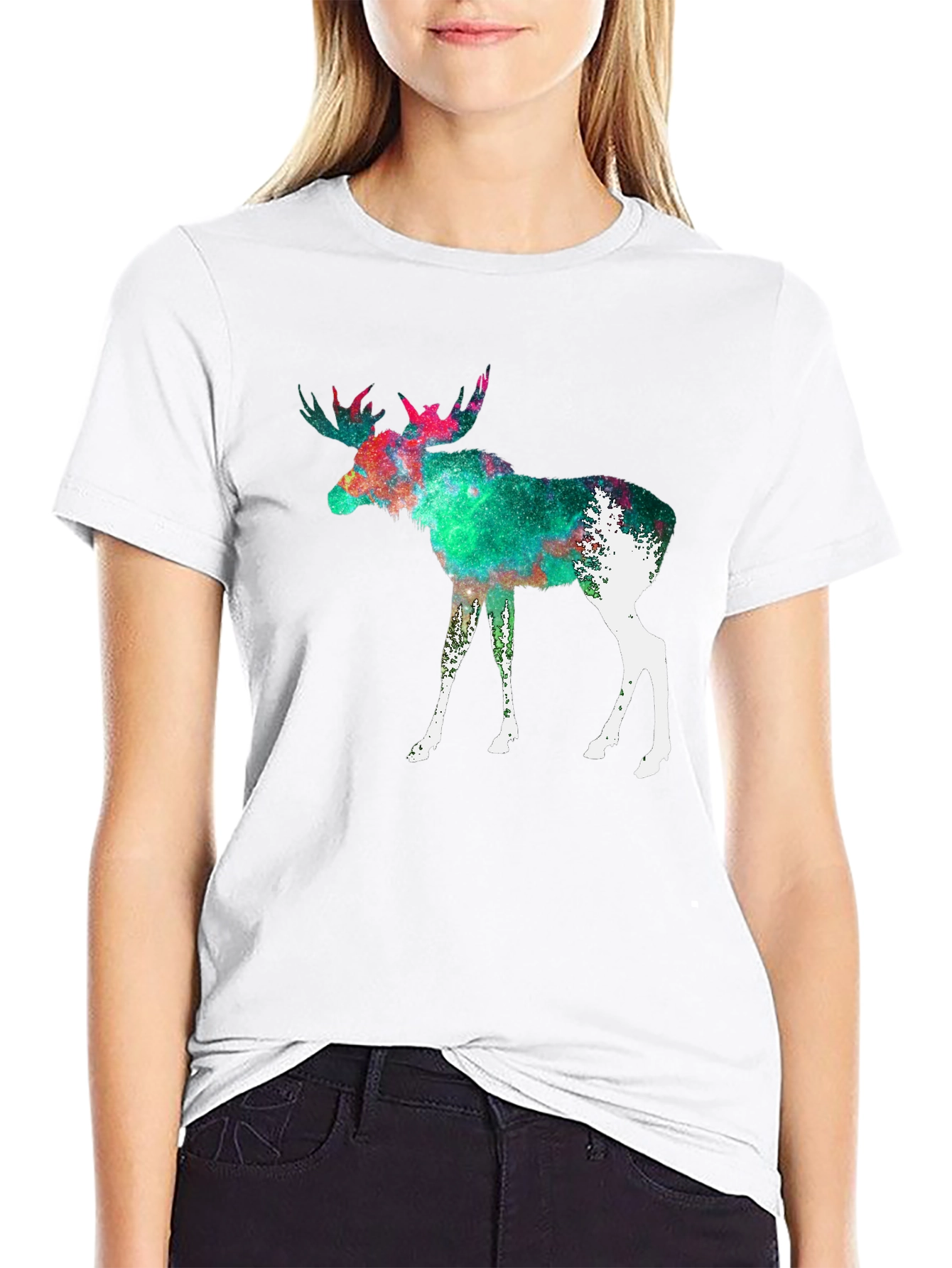Moose Galaxy Print Black T-Shirt