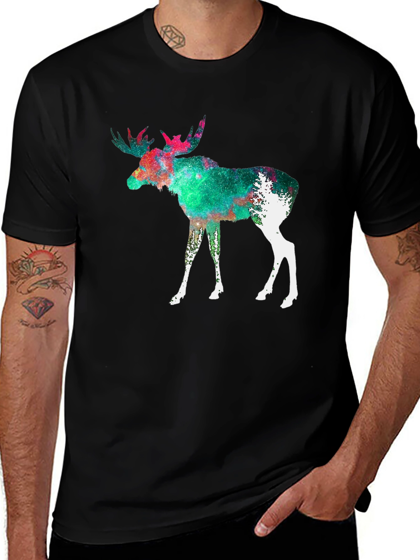 Moose Galaxy Print Black T-Shirt