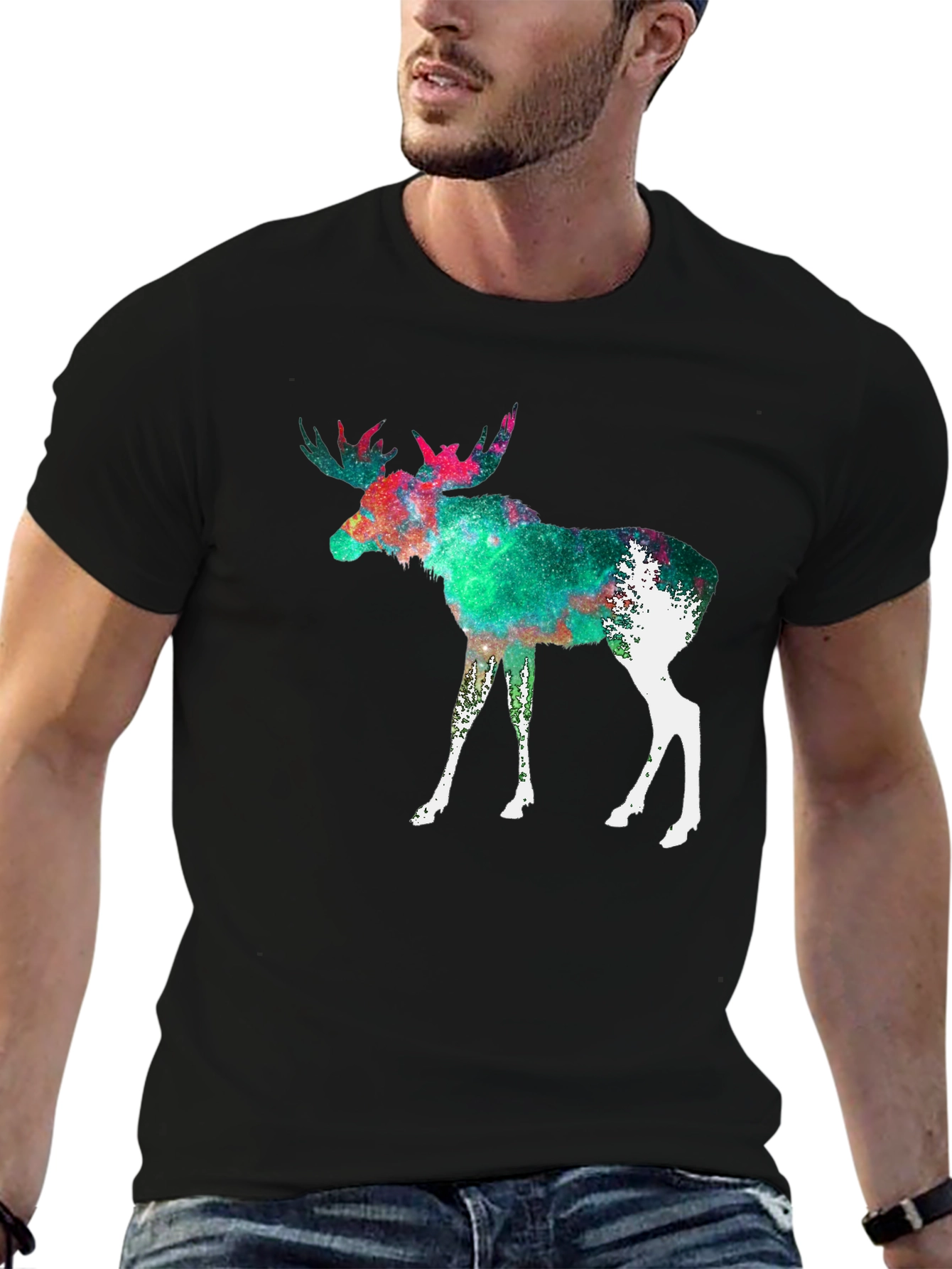 Moose Galaxy Print Black T-Shirt