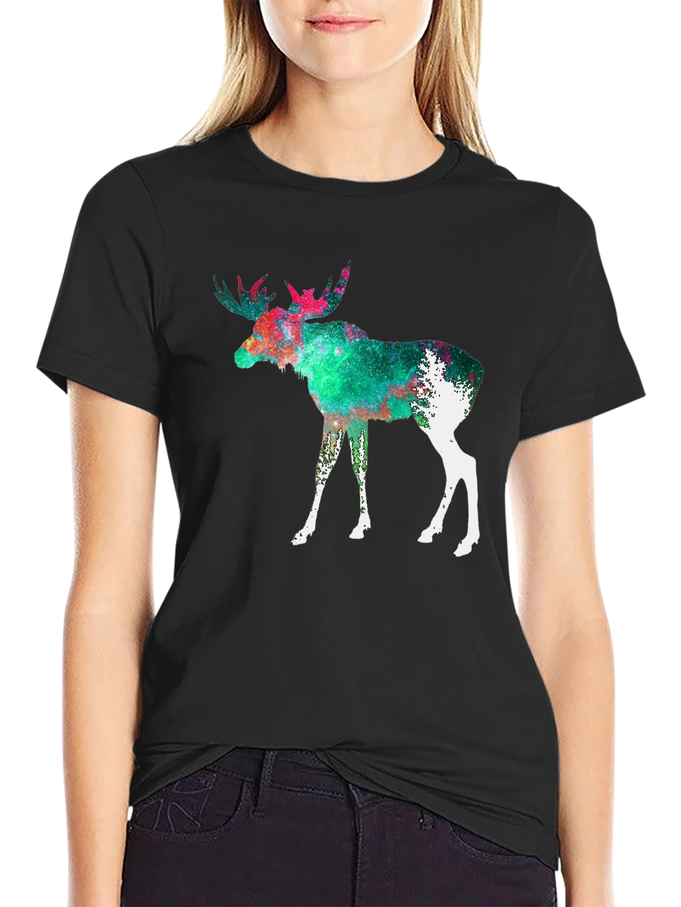 Moose Galaxy Print Black T-Shirt