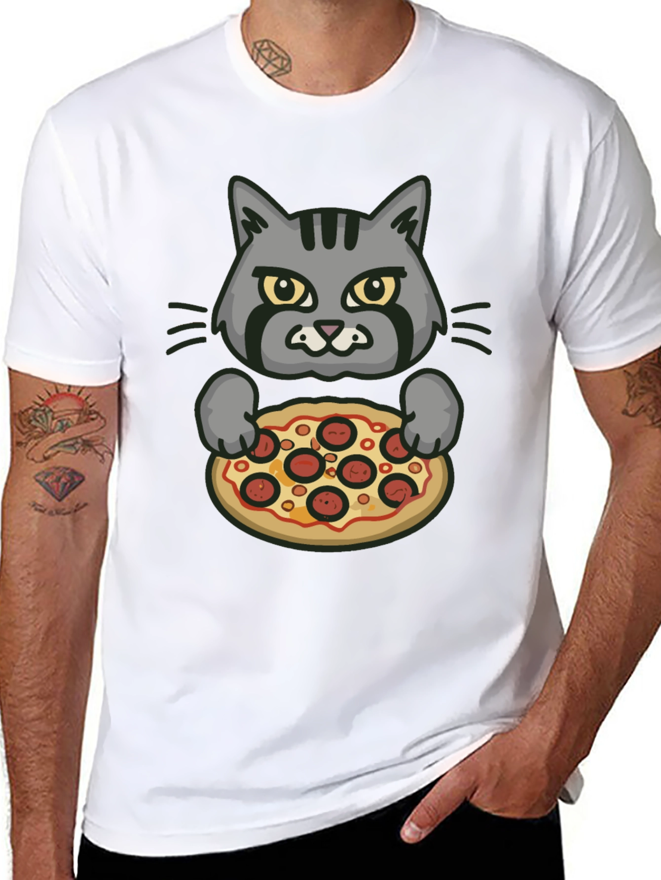 Cat Holding Pizza Graphic T-Shirt