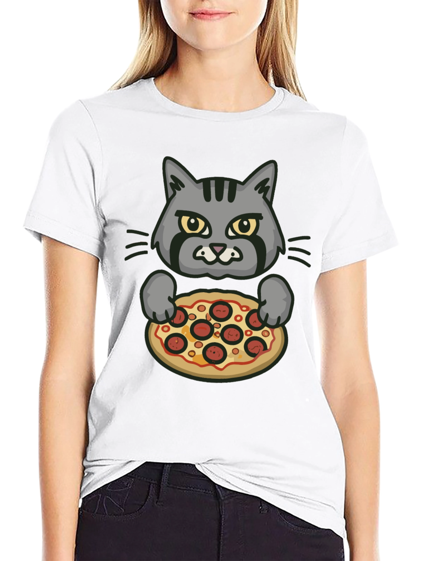Cat Holding Pizza Graphic T-Shirt