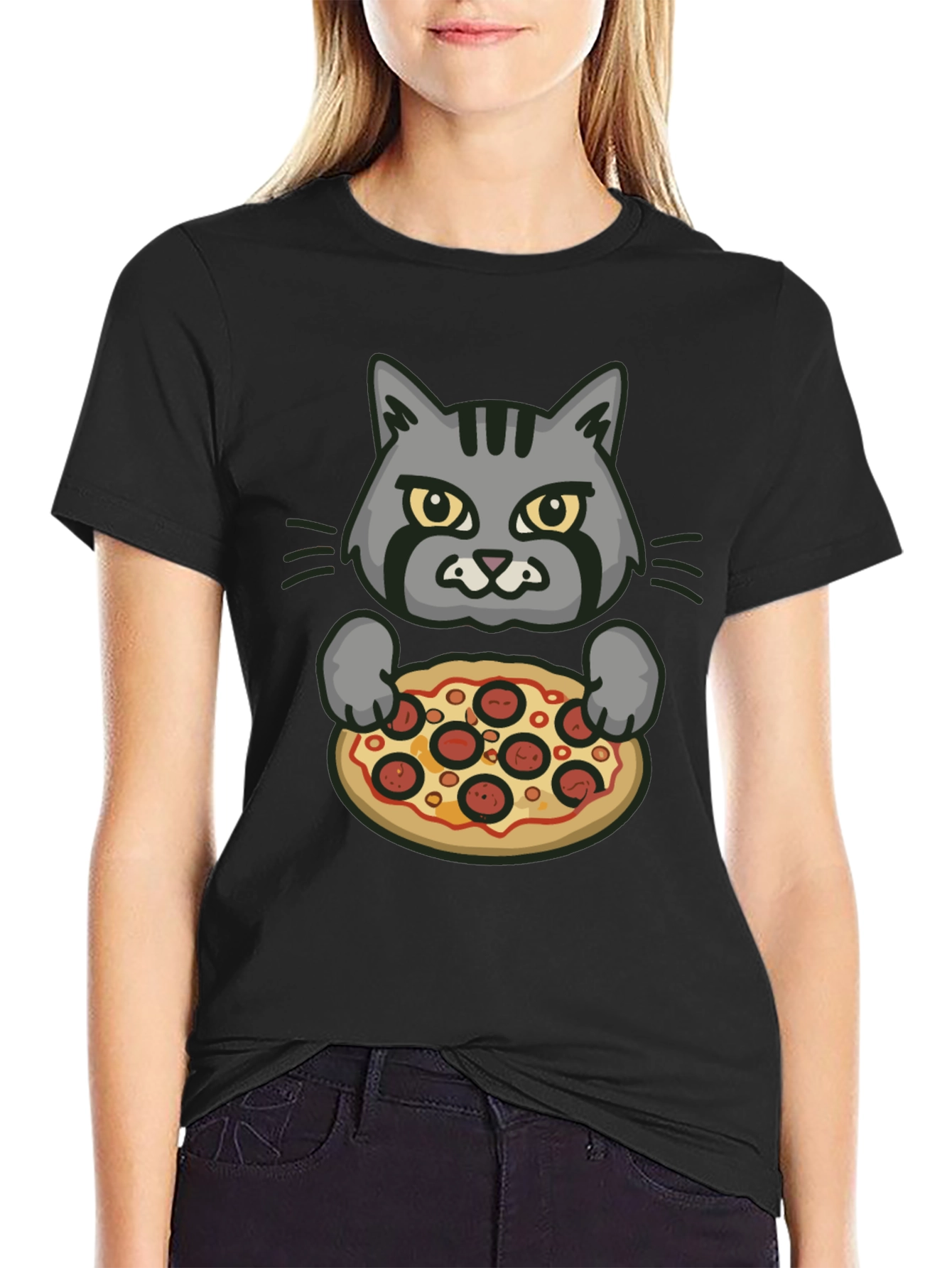Cat Holding Pizza Graphic T-Shirt