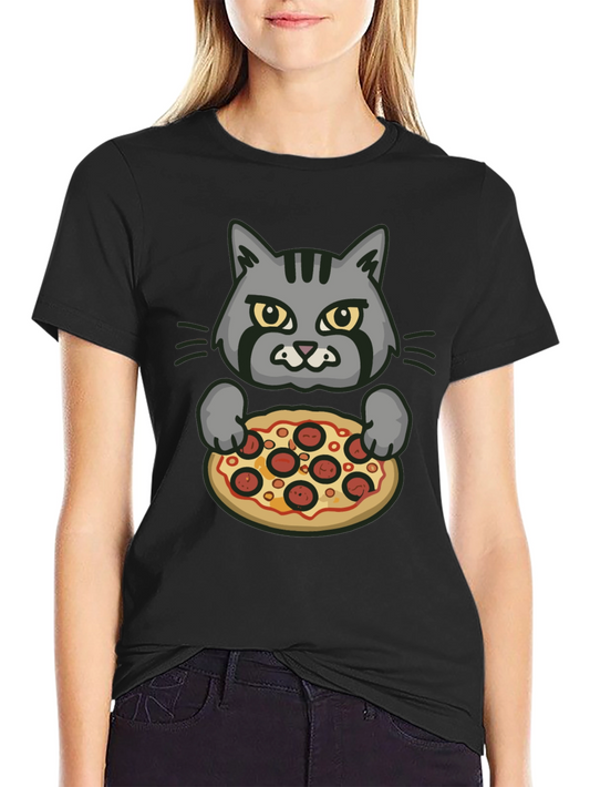 Cat Holding Pizza Graphic T-Shirt