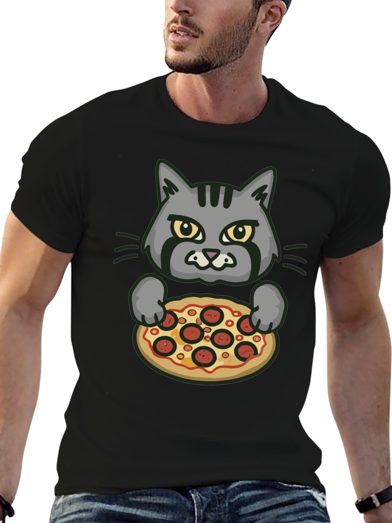 Cat Holding Pizza Graphic T-Shirt