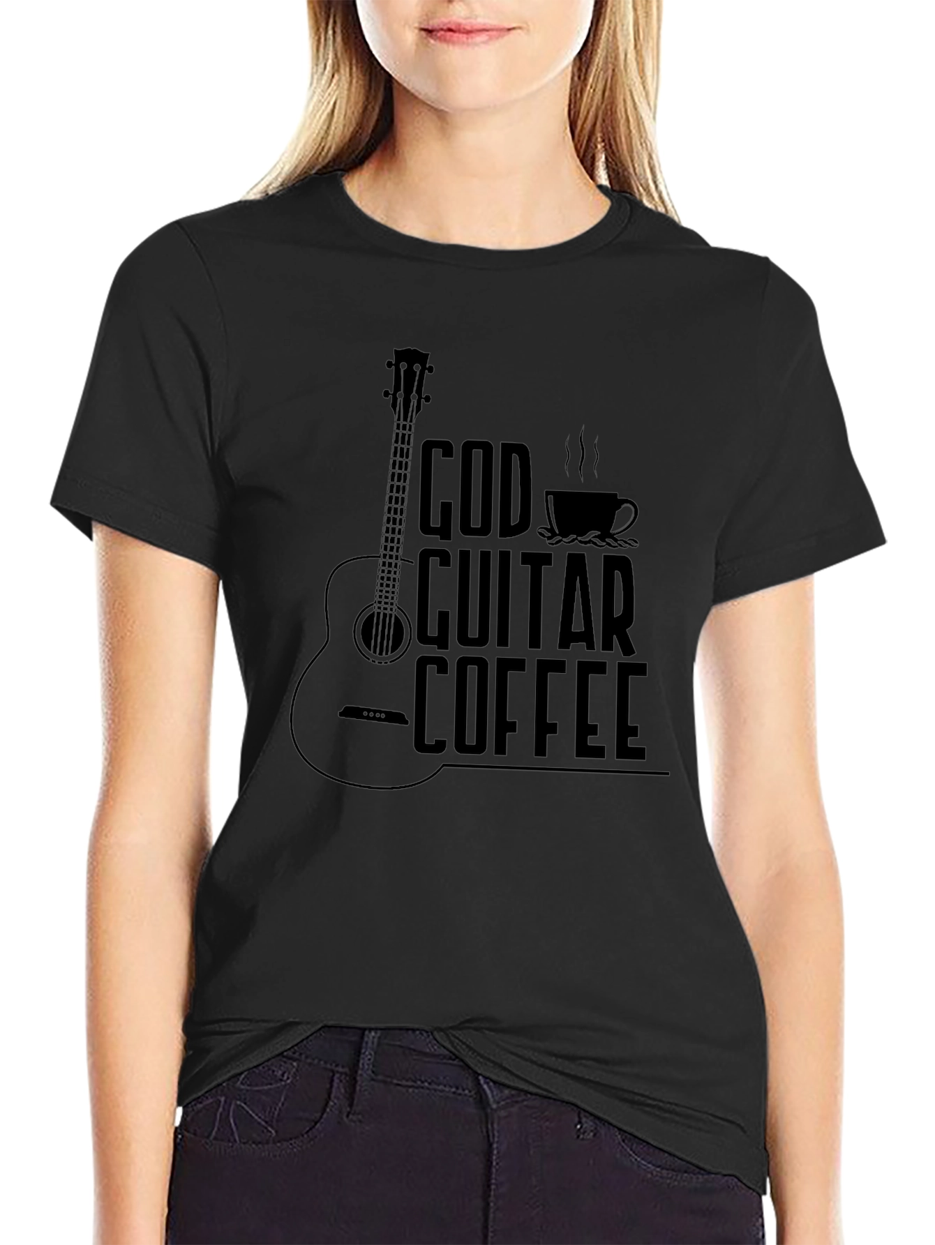 God Guitar Coffee Black Graphic T-Shirt