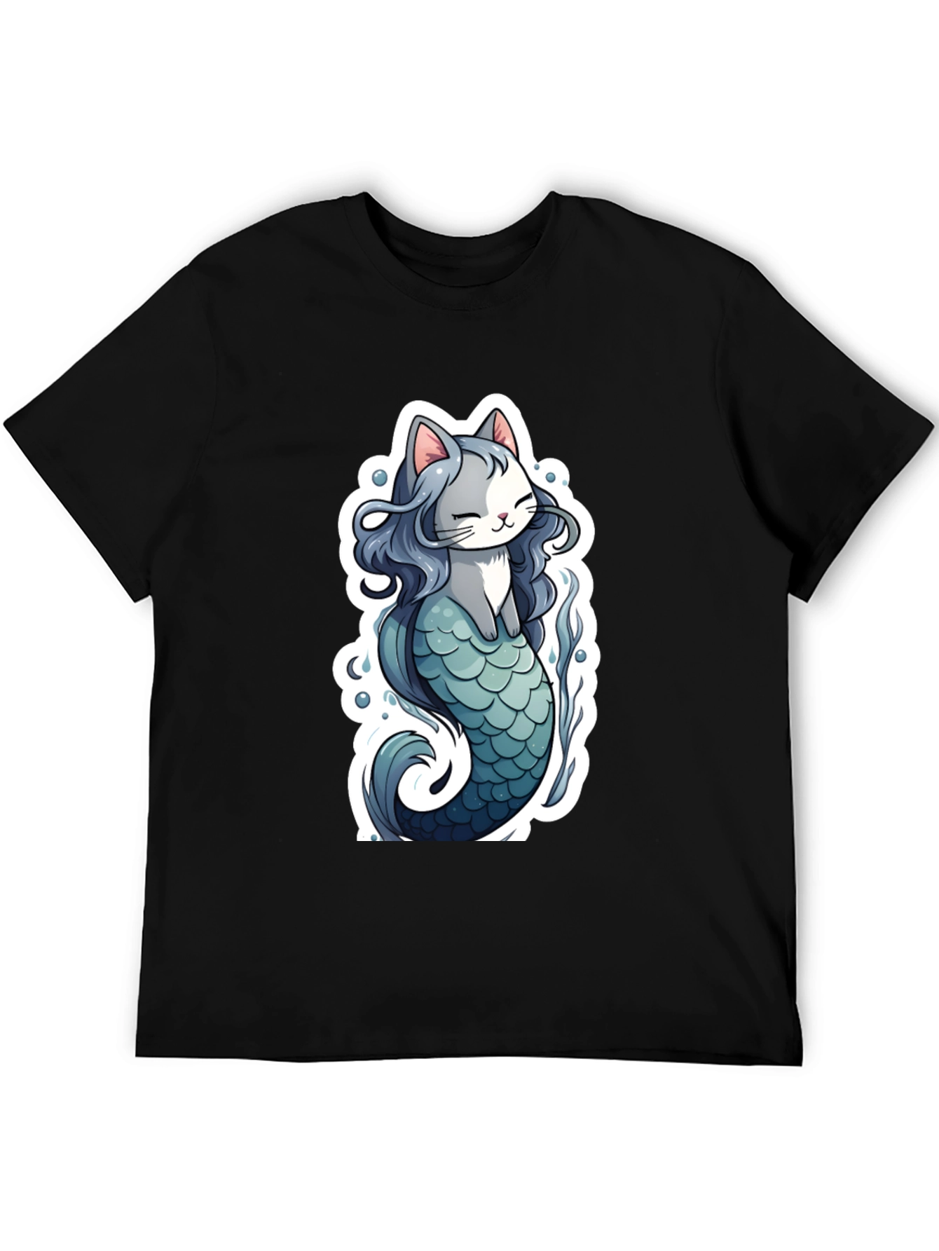 Cat Mermaid Graphic Tee - Black