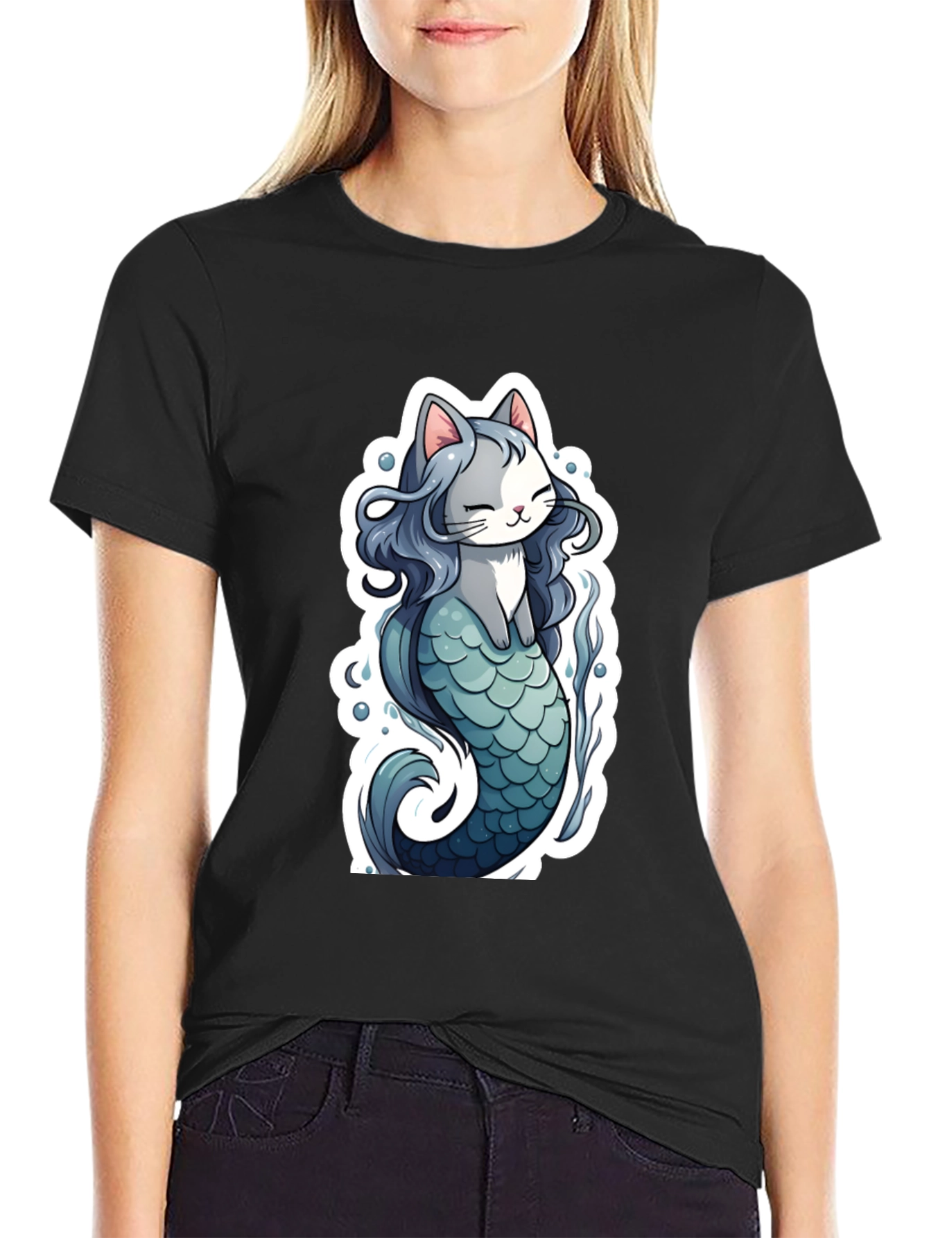 Cat Mermaid Graphic Tee - Black