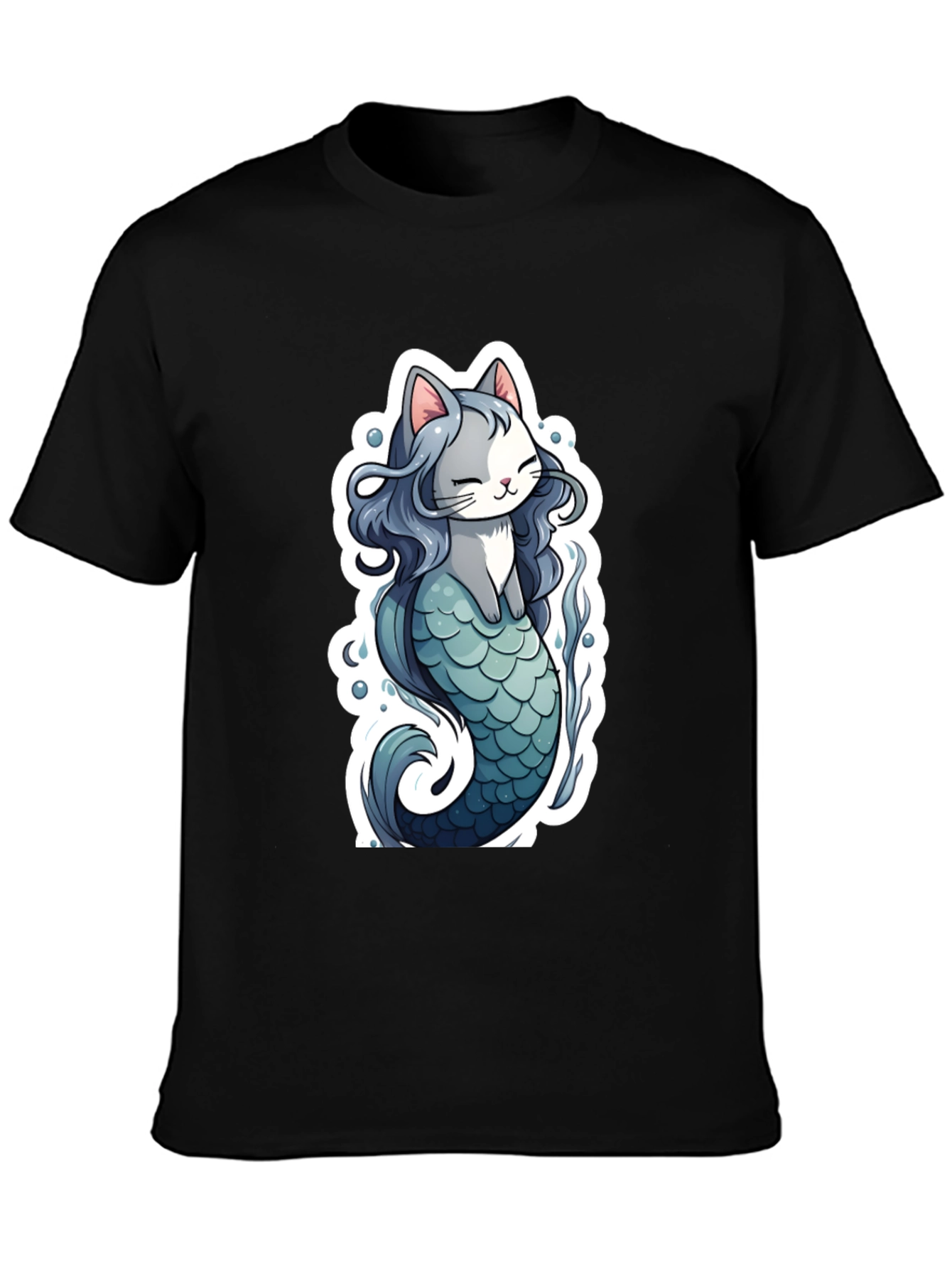 Cat Mermaid Graphic Tee - Black