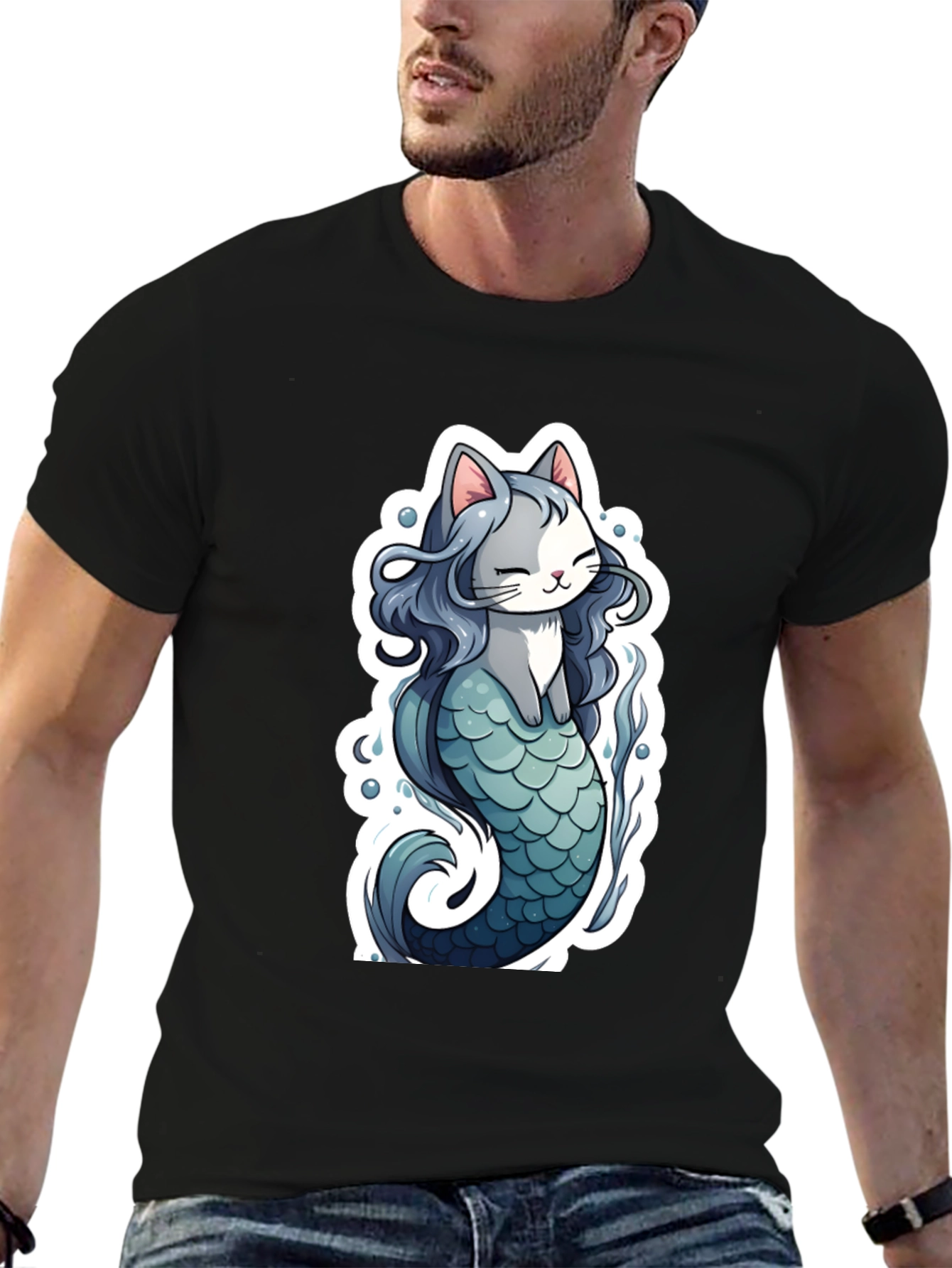 Cat Mermaid Graphic Tee - Black