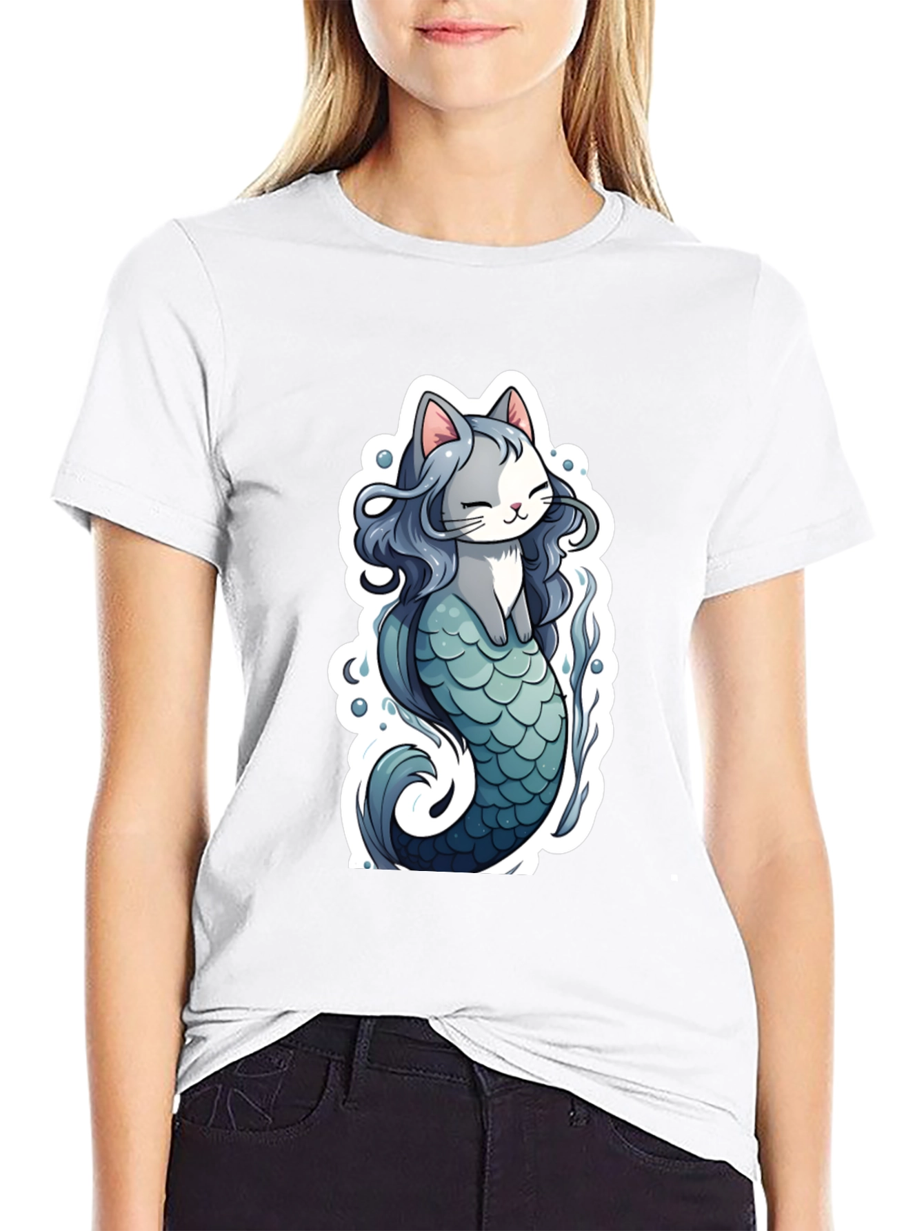 Cat Mermaid Graphic Tee - Black