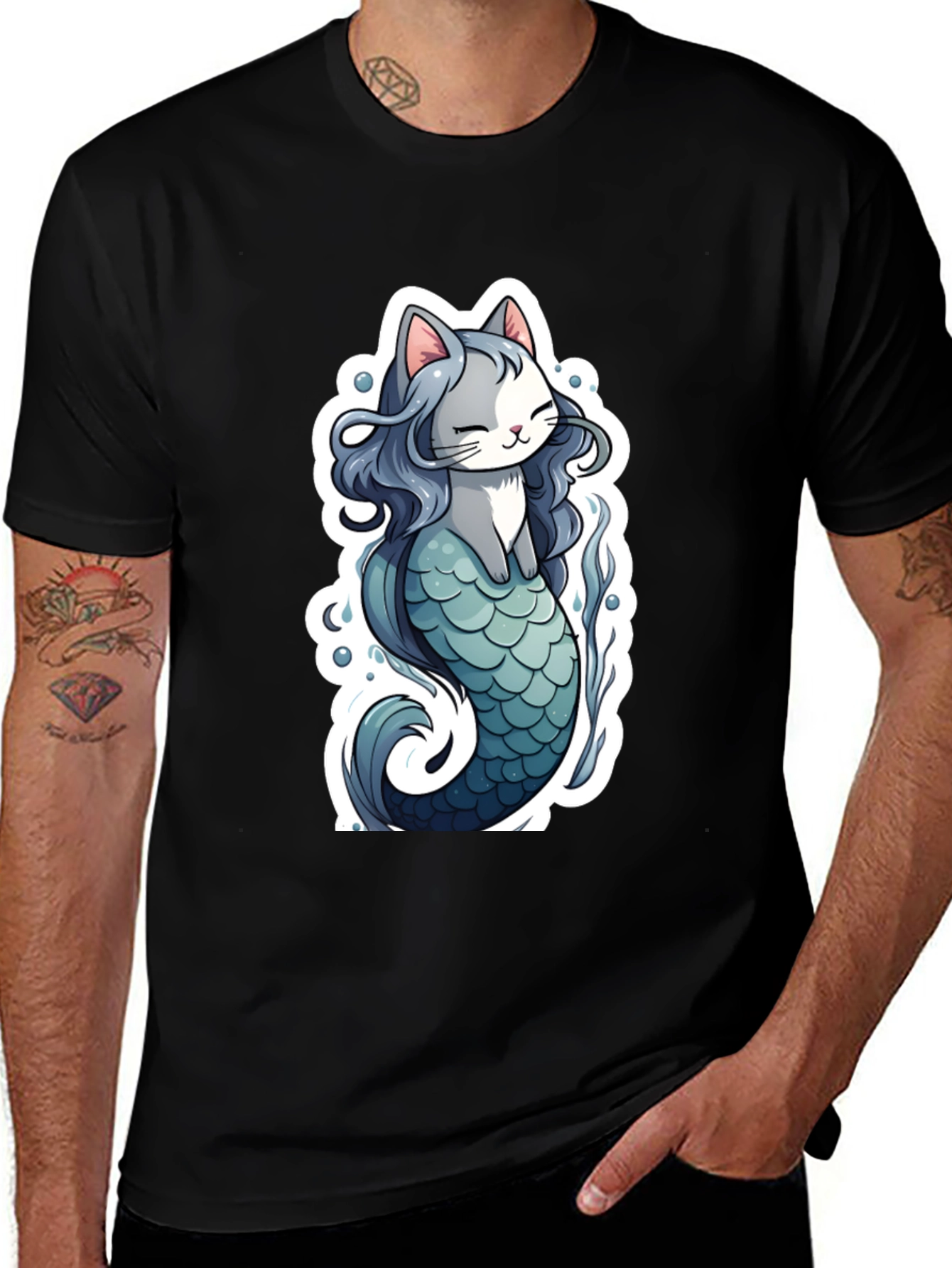Cat Mermaid Graphic Tee - Black