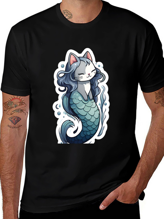 Cat Mermaid Graphic Tee - Black