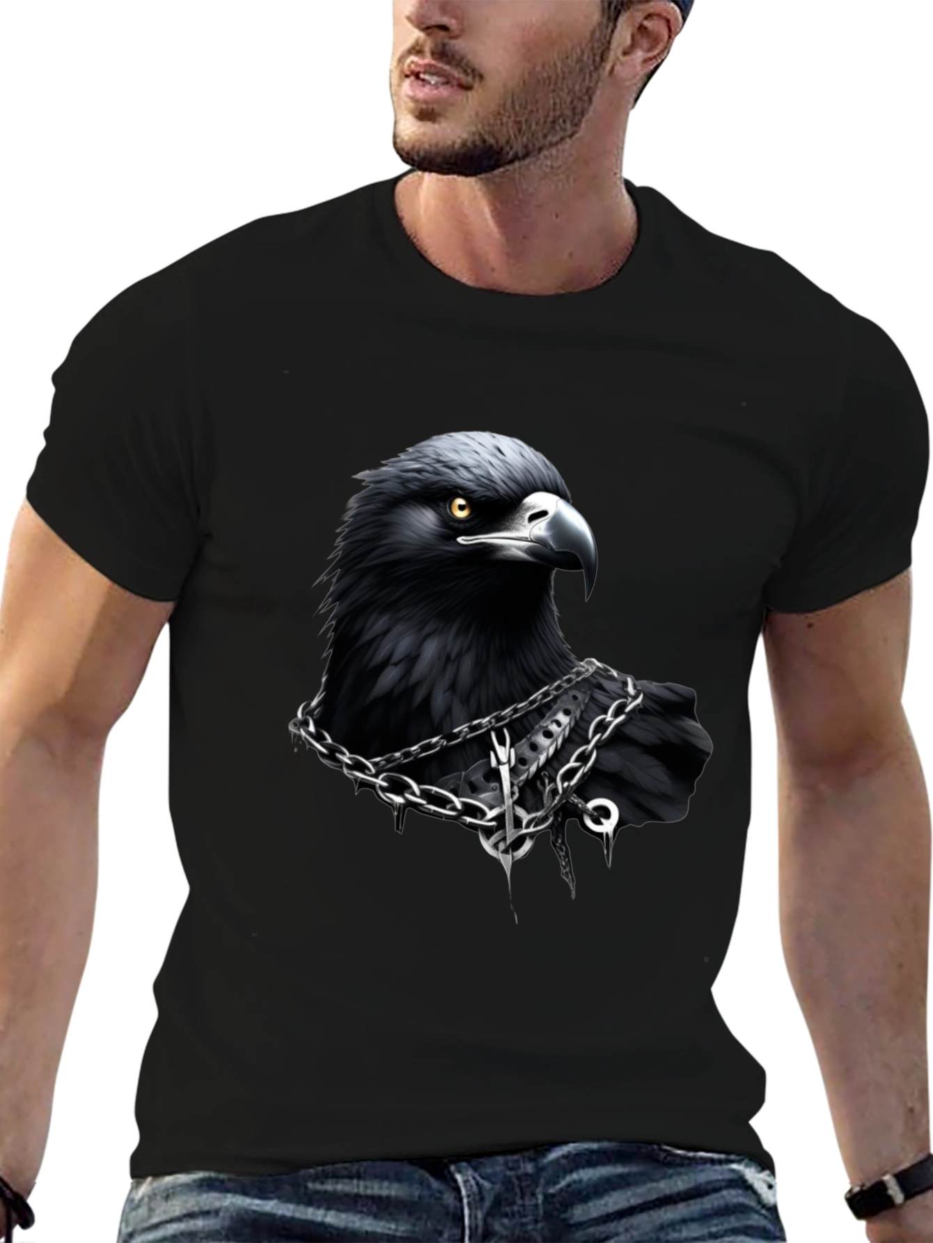 Raven Graphic T-Shirt: Dark Bird Chain Design