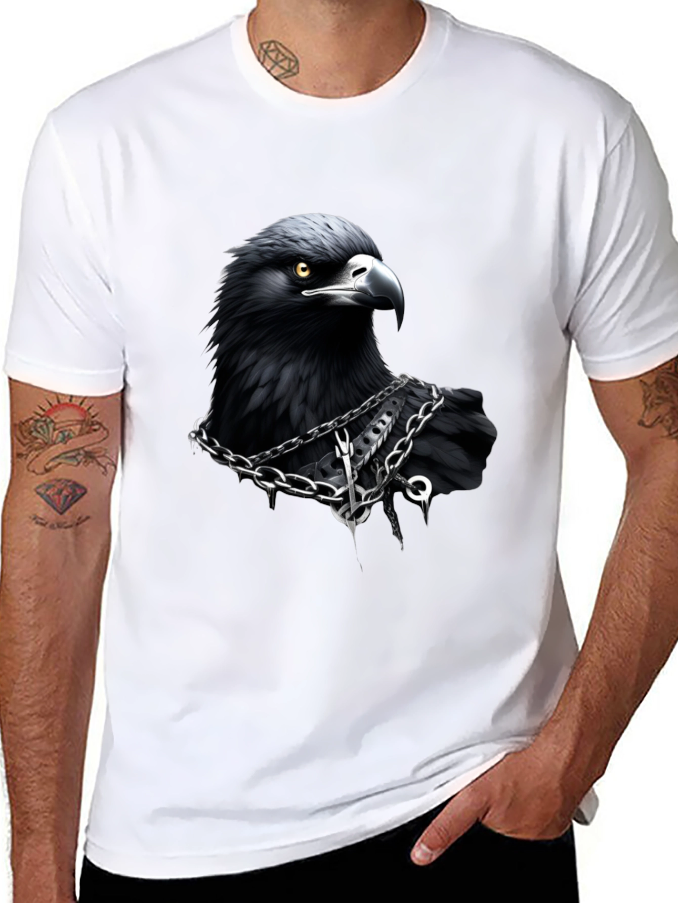 Raven Graphic T-Shirt: Dark Bird Chain Design