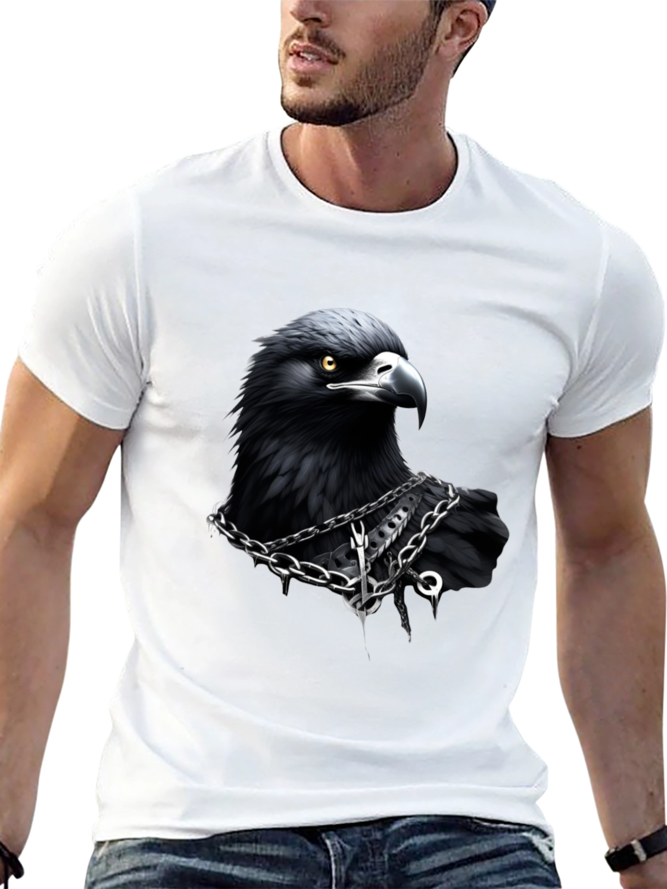 Raven Graphic T-Shirt: Dark Bird Chain Design