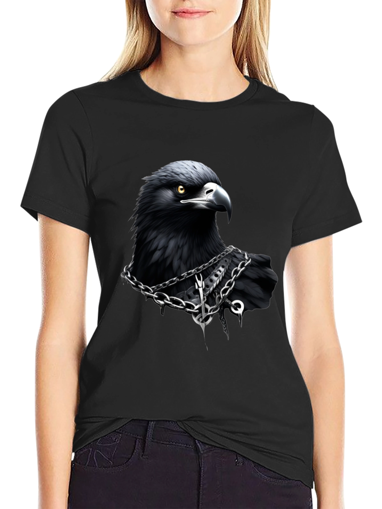 Raven Graphic T-Shirt: Dark Bird Chain Design