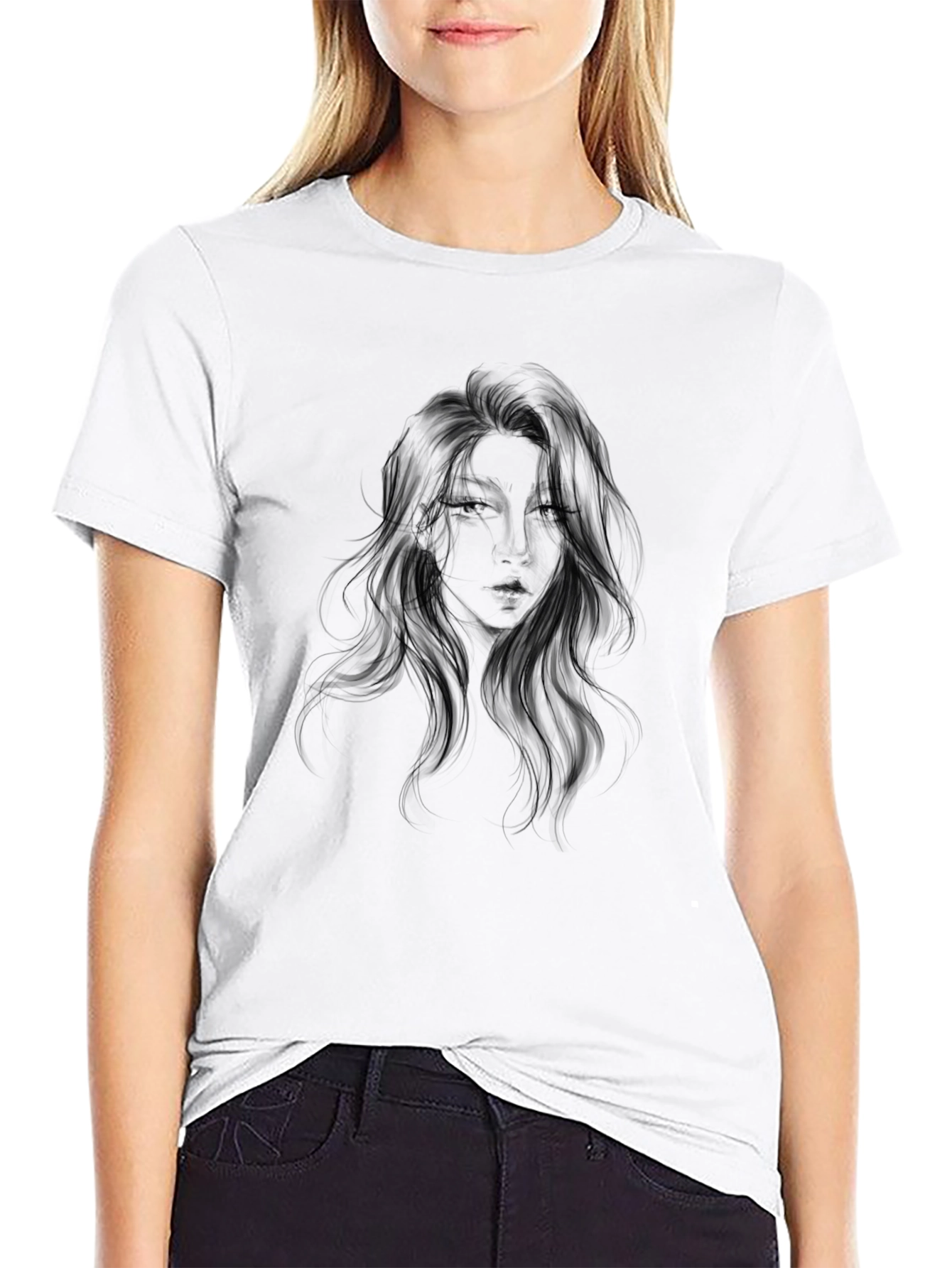 Black Graphic Tee - Woman Portrait Design