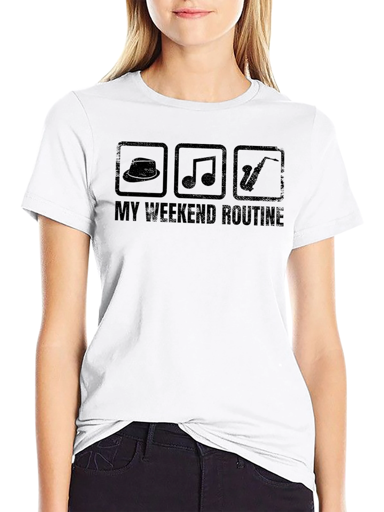 Weekend Routine T-Shirt: Hat Music Saxophone