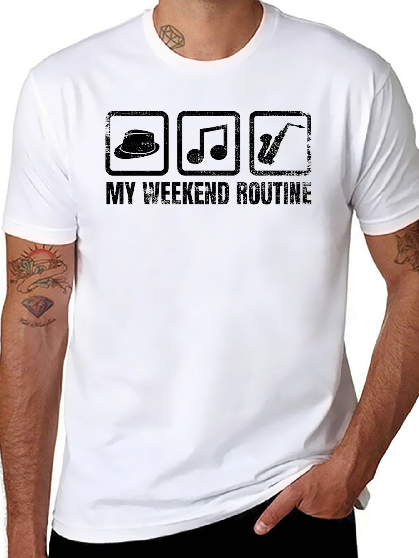 Weekend Routine T-Shirt: Hat Music Saxophone