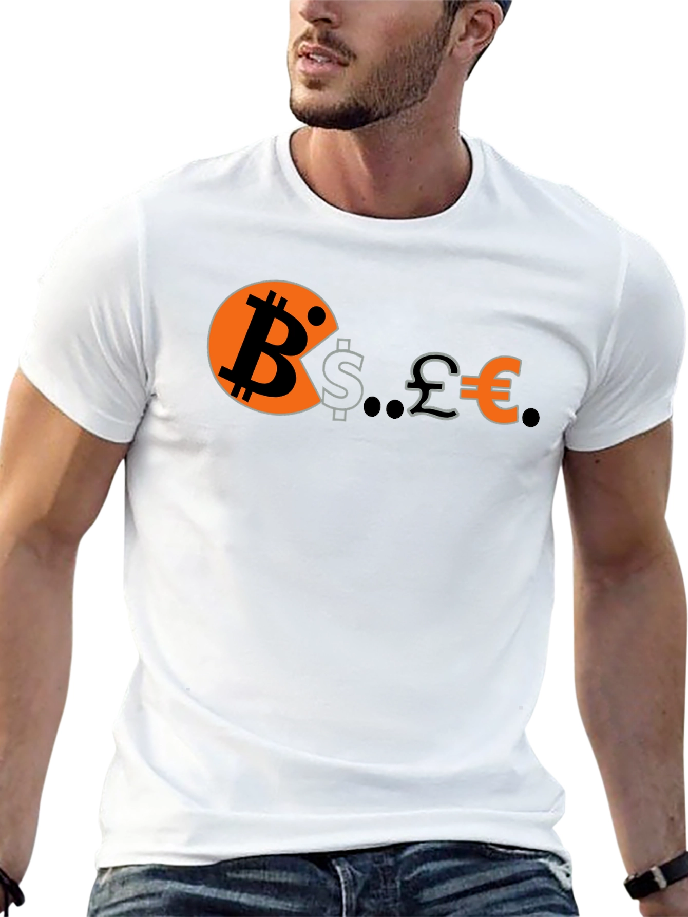 Bitcoin Eats Dollars Pounds & Euros Funny Crypto T-Shirt