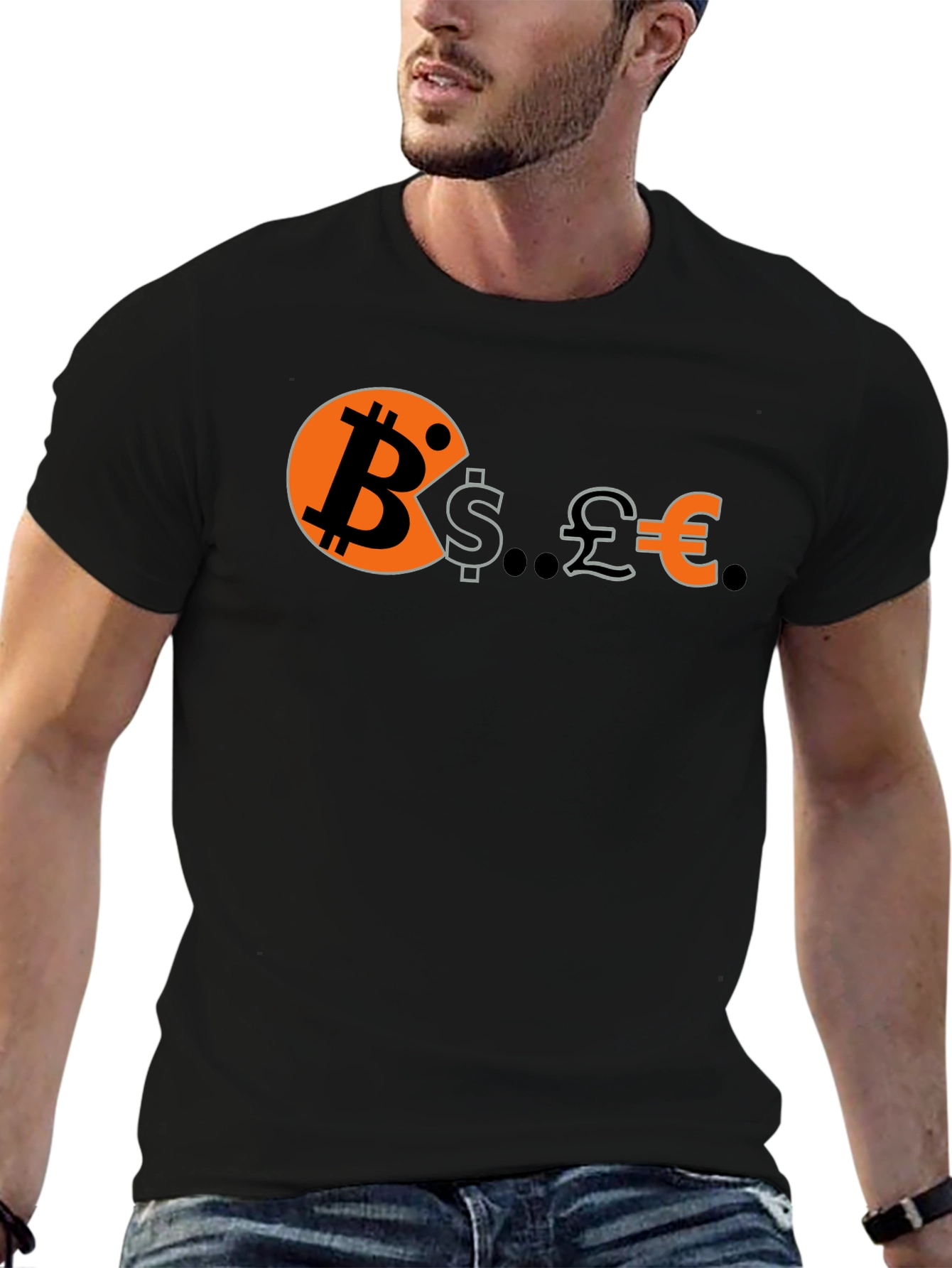 Bitcoin Eats Dollars Pounds & Euros Funny Crypto T-Shirt